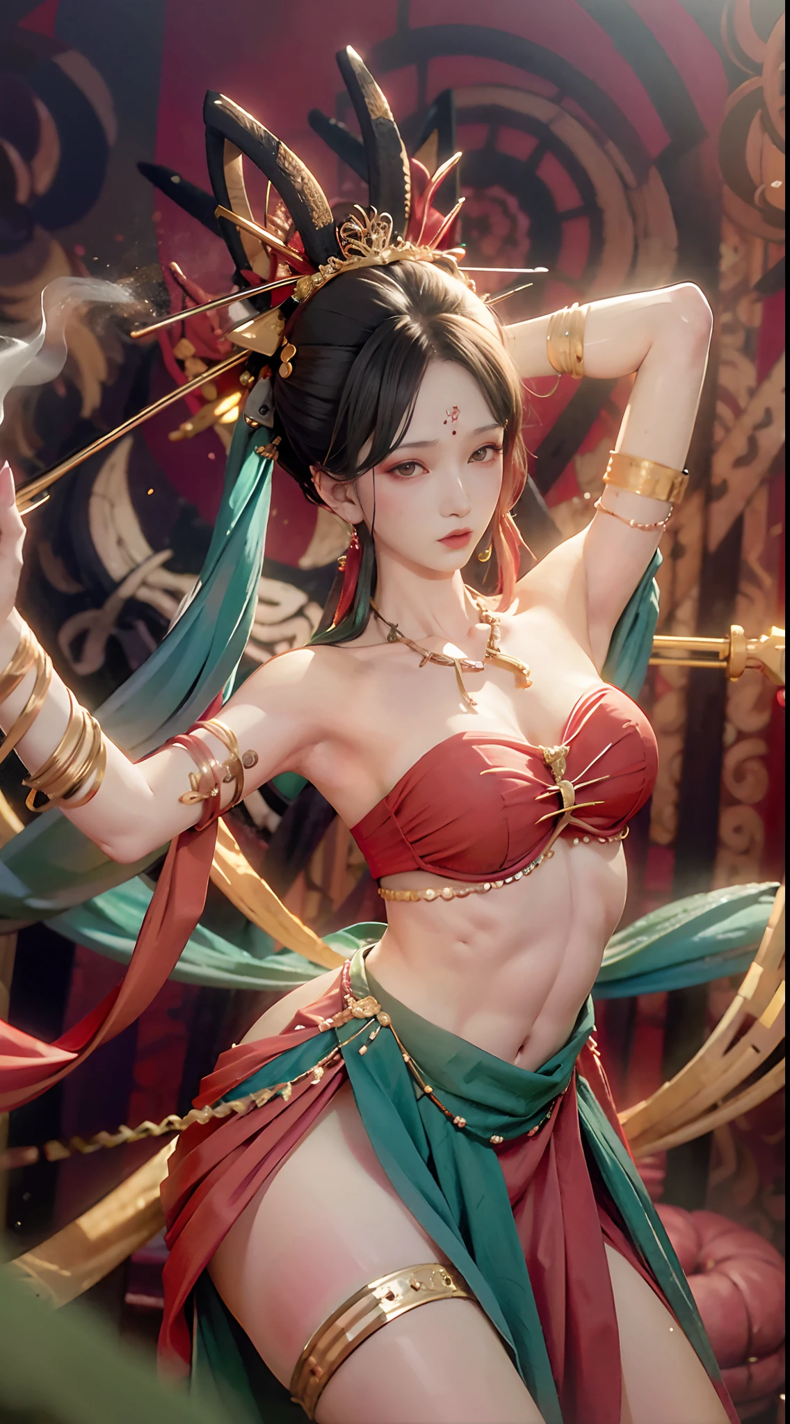 (8k, RAW photo, best quality, masterpiece: 1.2), (realistic, photorealistic photoreal: 1.4), (very detailed CG unity 8k wallpaper), (1 girl), dance, dunhuang_dress, dunhuang_style, dunhuang_background, arm up, gold jewelry, ancient Chinese hairstyle, tulle, streamers, light makeup, eyeshadow, eyebrow mole, (face), dynamic pose, Background smoke surrounding, red and green color scheme, petals flying, details, jewelry, earrings, bracelets, shoulders, complex textures, busts, guqin, pipa