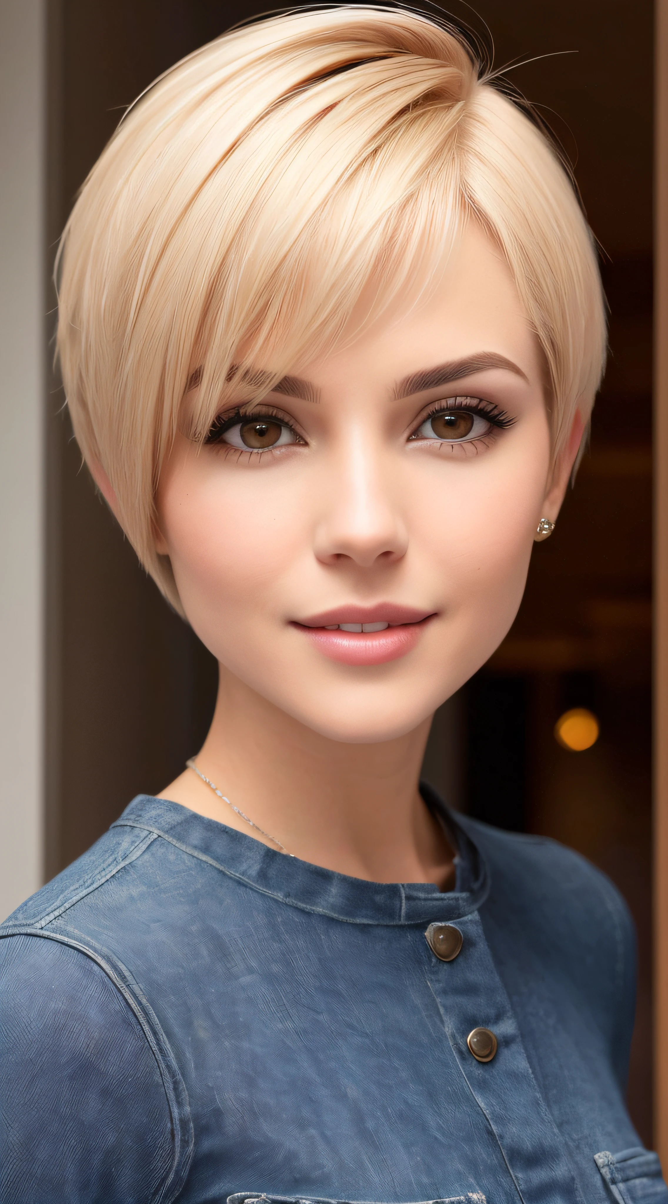 A girl face to front, look like mature, simile, realistic, hairstyles Short pixie with straight hair and undercut