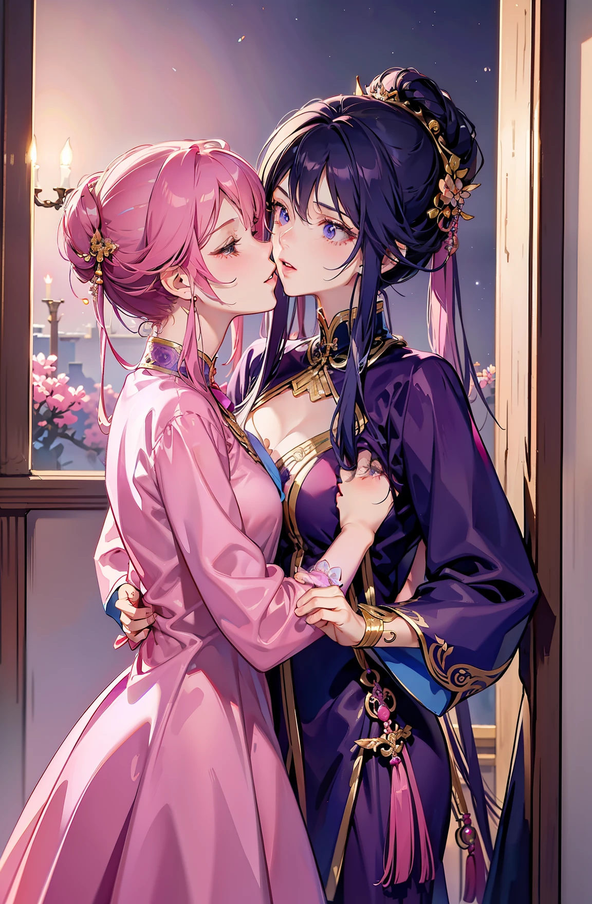 Lesbians love pink and purple clothes, Long and short hair kissing,Background at night High quality,4K