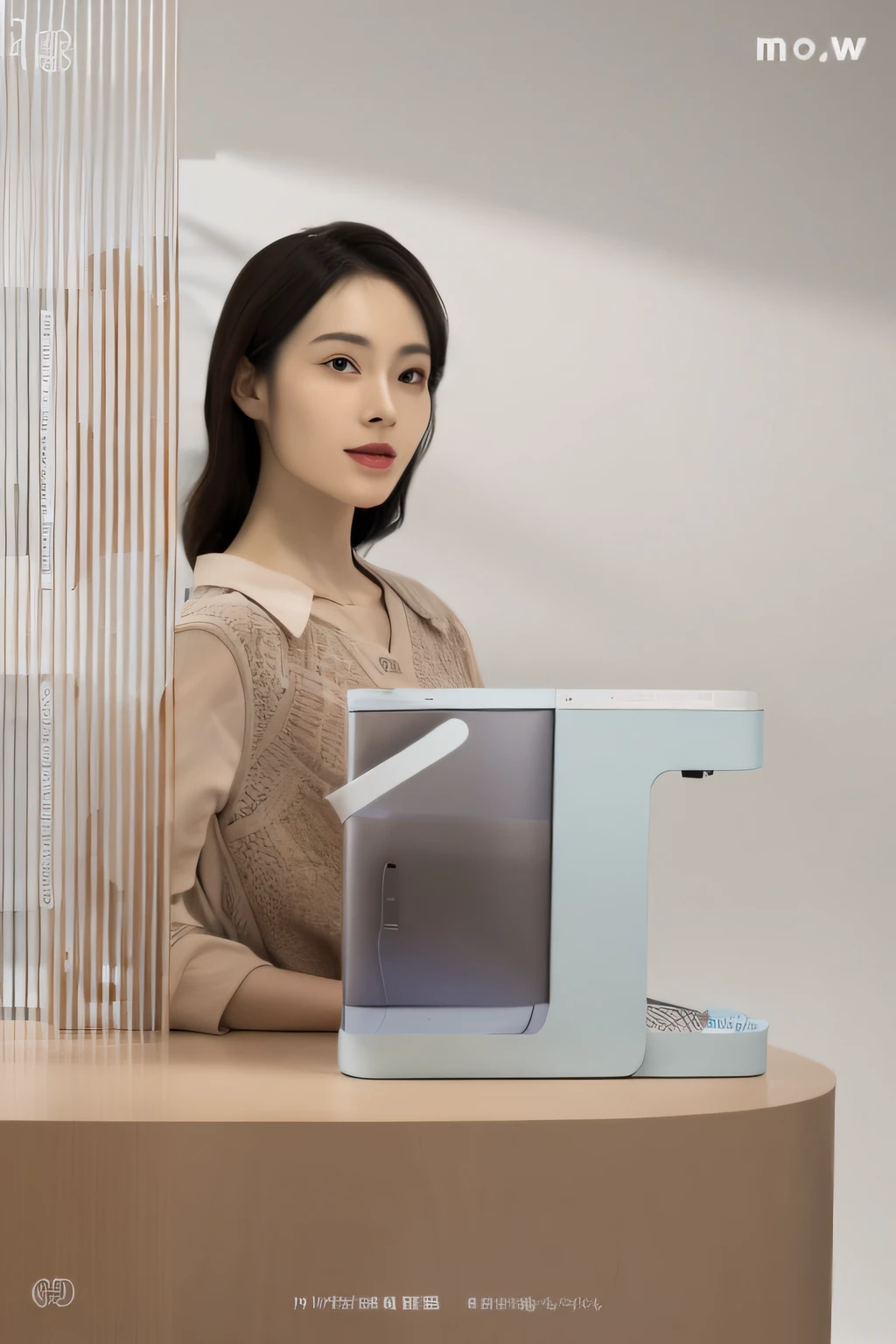 There was a woman sitting at the table,Hold the computer, product introduction photos, futuristic product design, Product photo, Inspired by Xiao Yuncong, eora, Handsome, Official product image, Official product photo, with accurate features, product design shot, product introduction photos, jia, the sideview, side - view, Innovative product ideas, made of high tech materials