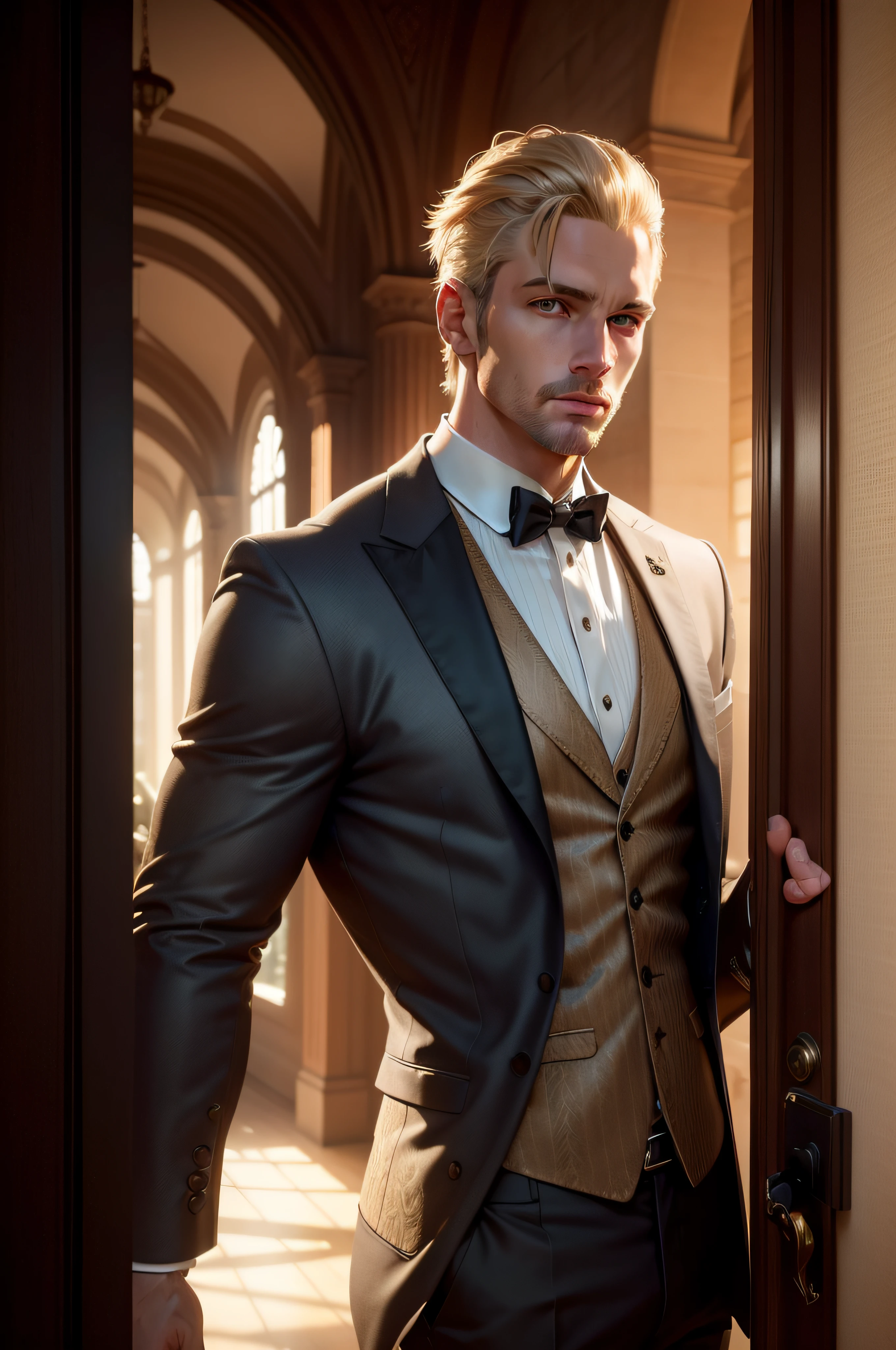 full shot,(symmetry),centered,a real man brutal blond athletic build, against the backdrop of a medieval castle and a ferrari car in front of the front door,a very thin white man with short hair,wearing a classic three-piece suit,35mm,natural skin,clothes detail, 8k texture, 8k, insane details, intricate details, hyperdetailedhighly detailed,realistic,soft cinematic light,HDR,sharp focus, ((((cinematic look)))),intricate, elegant, highly detailed,Jerry Gionis style ,hyperphotorealism
