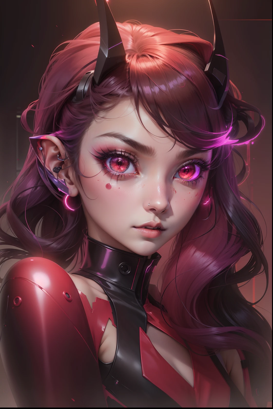 1 girl, beaming colors, blood red, bright colors, brilliant colors, burnt amber, cooper color, dark pink colors, dark vibrant colors, dark red, dark purple, dark pink, dark violet, electric colors, futuristic, electroluminescence, realistic art, decora kei outfit, hirohiko araki --niji --q 0.25