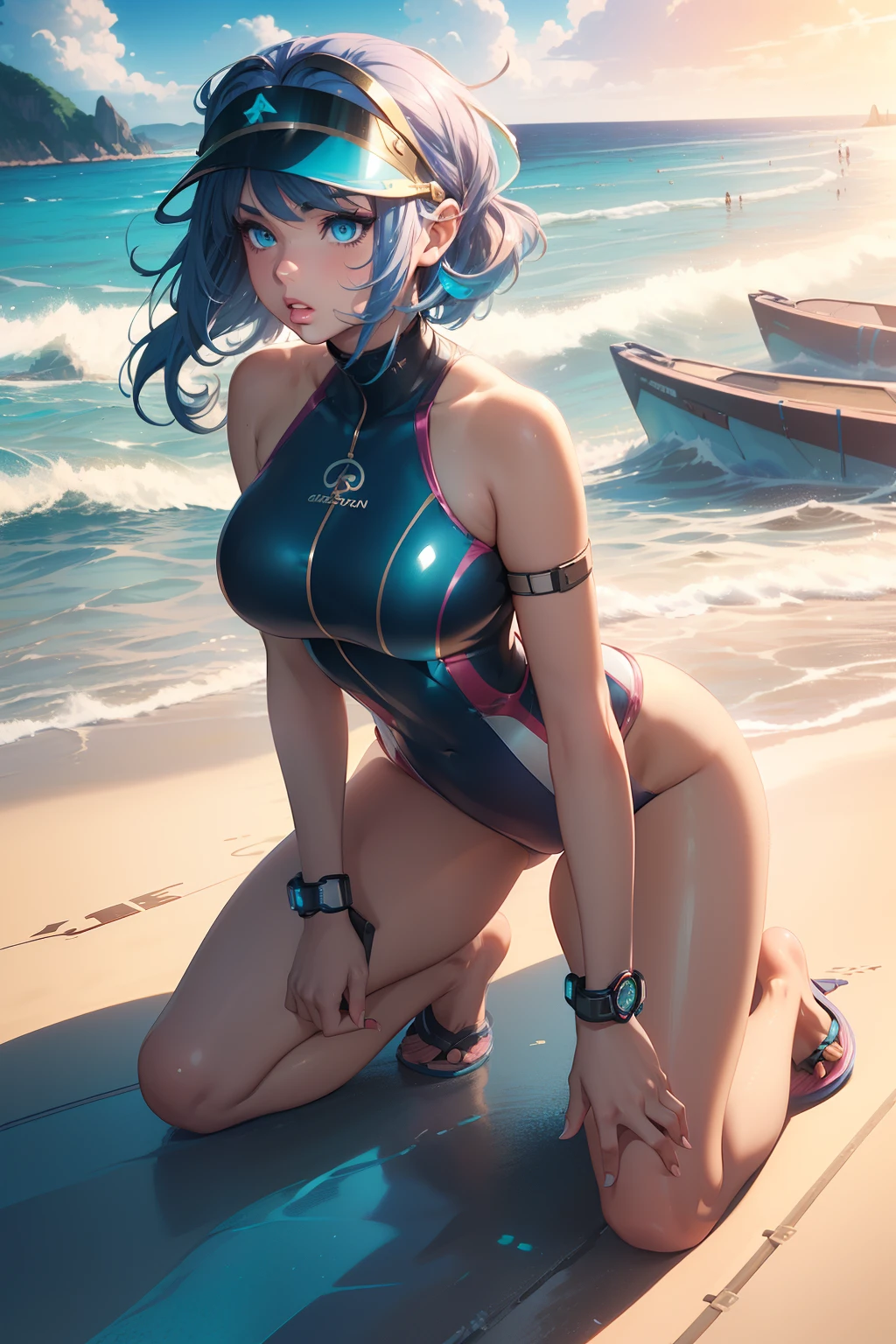 (masterpiece, best quality), photorealistic, cinematic, anime girl, ((vibrant and futuristic metallic two-piece swimsuit with matching visor:1.5)), ((seaside background:1.4)), 1 girl, blue hair, ((beachy waves hair cut:1.5)), ((full-body shot:1.3)), head to toe visibility, perfect anatomy, curvaceous body, alluring, long round legs, large cleavage, ((parted lips:1.5)), blushing, perfect eyes, perfect hands, anime girl is crouching elegantly, extremely detailed Artgem, ig model, artgem, alena aenami and artgem, krenz cushart and artgem, artgem and atey ghailan