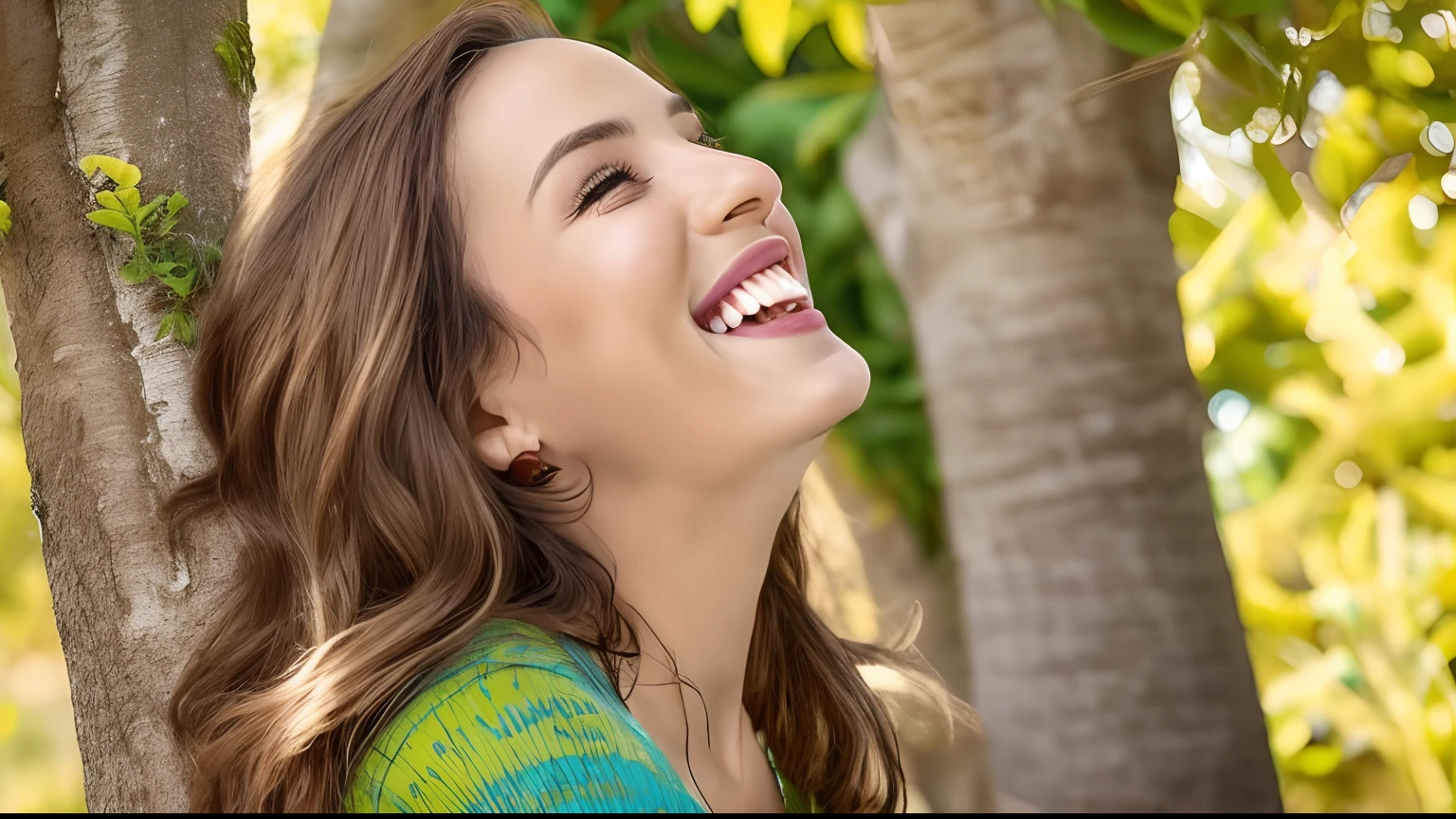 Smiling woman leaning against a tree in a grassy park, Piada, she is in pure bliss, ela expressando alegria, head bent back in laughter, Rindo, Rindo, menina feliz, Mulher nova olhando para cima, She is laughing, ser encantado e alegre, rindo histericamente, sorrindo rindo, laughing menacingly, mulher sorridente, Divirta-se