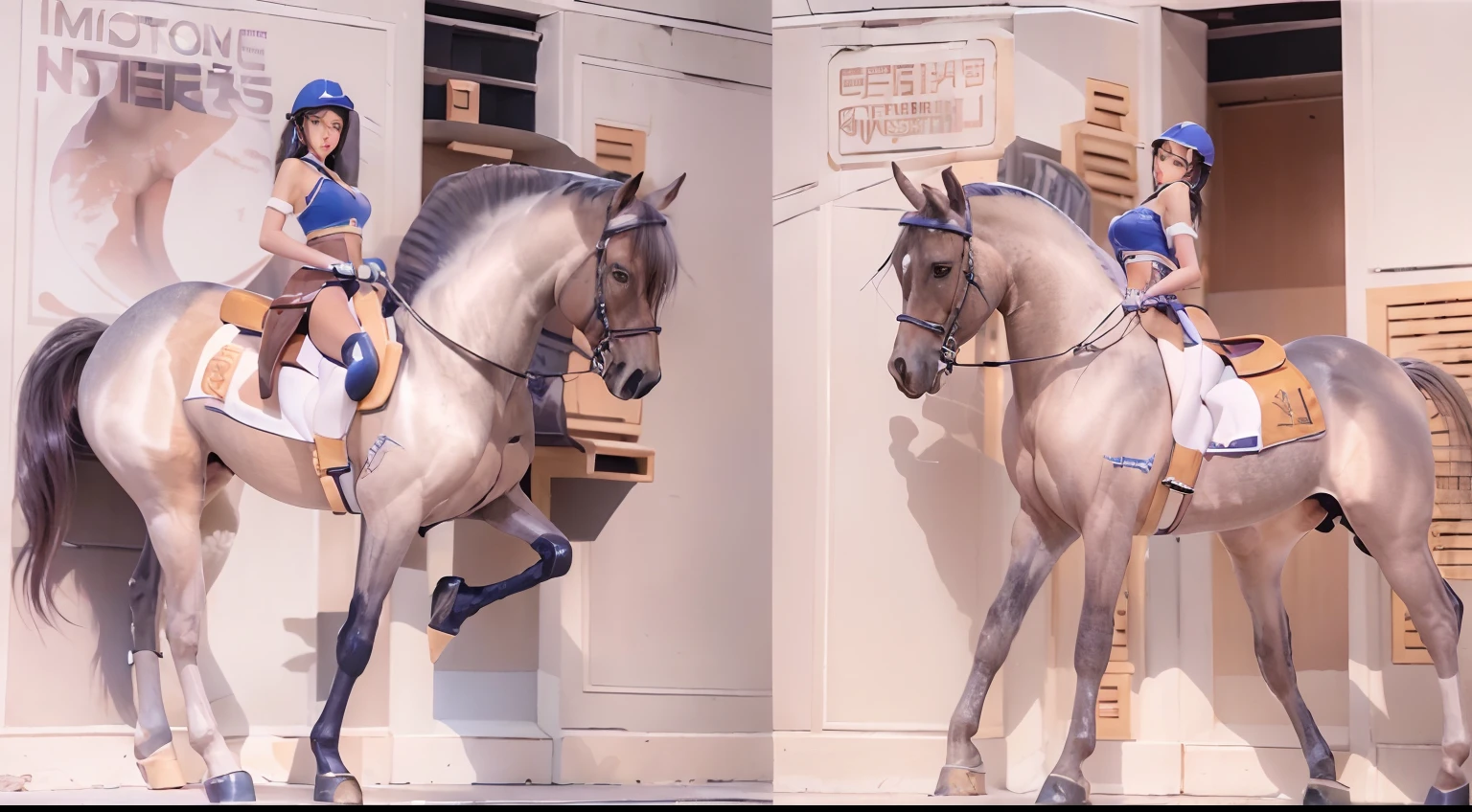 A female centaur，She is famous in the multiverse，She is both a female centaur, half human, half horse, half horse，It is also a female Yingzhao。She blends both images，The first is the head of a horse/neck/Shoulder these parts，After feminization，The upper body transforms into a beautiful female human，Female, half-centaur, half-human, half-horse, half-human，The second is the waist of the horse/hason/gluteal/Legs feminine，Female half-horse with beautiful woman's，Chimer，It's like a female human wearing a half-horse-like costume and making a seamless chimera，This chimerization is based on powerful futuristic technology。The ultra-wide-angle lens captures the image of her beautiful and ethereal wings on the ionosphere launching a super-high-speed charge and leaping。Her front half is distinctly feminine，Tall  body，Has K cup teardrop-shaped giant  ，It has a small man's waist butterfly spanning long legs，The half-horse part of the hind body，Embedded interface at the hip position。Her horse-shaped part has female physiology and ergonomics on both the half-horse torso and  and legs。The  cavity of a woman in the shape of a bent  embedded in the lower back position of the beautiful woman's body starting from the upper part of the sternum/lower back/Ventral transverse。Then there are the  beauty's upright ，Her entire body has been completely feminized，Including the half-horse part。Mechanized armor covers the legs with knee-shaped anti-joints and feet，And these parts are highly anthropomorphic，This makes her legs graceful and slender，Her four horse legs exploded in length proportions and was slender and toned，Under the legs are skinny white feet dressed in Skyscraper Heels，Use Midjourney's advanced stroke tools and color palettes, as well as texture packs, model packs, and texture tools，Concentration，Include all parts of her original horse physiology including fur/Waist and abdomen/Hip legs/Leg Capital Feminization，And give these parts a correspon