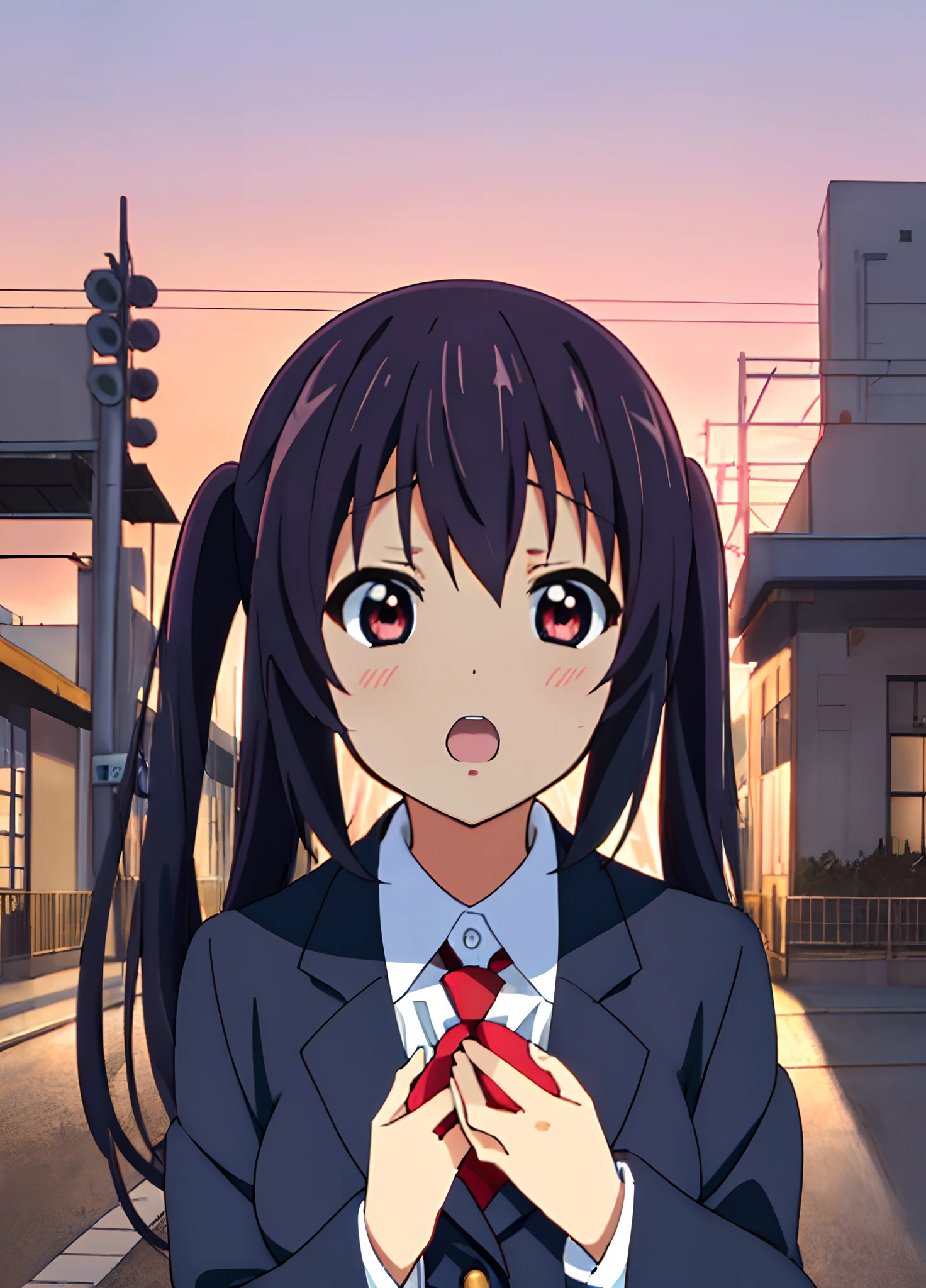 1girl, (((masterpiece))), top-quality, top-quality, High Details, nakano azusa, 1girl, Sakuragaoka High School Uniform, student clothes, Twin-tailed, length hair, A dark-haired, brown-eyed, 独奏, reddish, Dark blue blazer with thin red ribbon, Solid white buttoned shirt under blazer, illustratio, comic strip, soothing tones, Subdued Color, Soft cinematic light, adobe lightroom, photolab, HDR, intricately and hyper-detailed、(((depth of fields))))。(((masterpiece)))。(((top-quality))).)((ultra-detailliert)))。(((illustratio)))。(((takeout))).dynamic focus.big breasts.(((Skyscrapers))).(((A city scape))).(((Face of sadness))). open mouth.(((put hands on the hip))).(((up chest))).((evening glow)).((the setting sun)).
