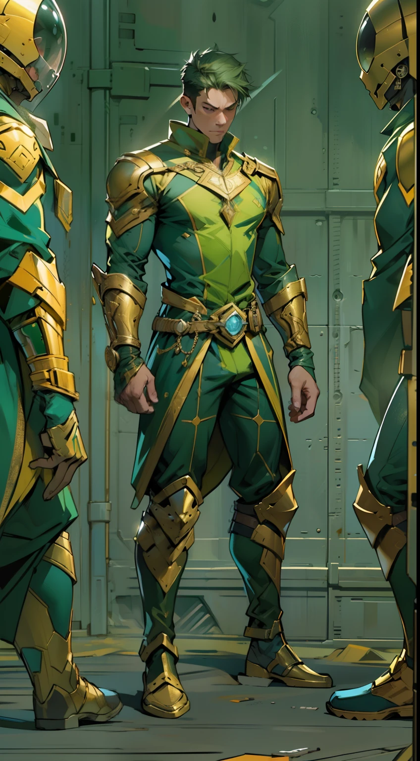 Develop an image of a hero wearing a green and gold costume. The hero must have a noble and powerful appearance, with distinct character traits. The green and gold costume should be modern and futuristic, with technological elements and details that make it unique. The hero must be in a heroic pose, as if he is ready to face any challenge that comes his way. The background scene can be an urban landscape or an imaginary landscape that matches the heroic aura of the character. Feel free to add creative and interesting details to make the hero even more captivating