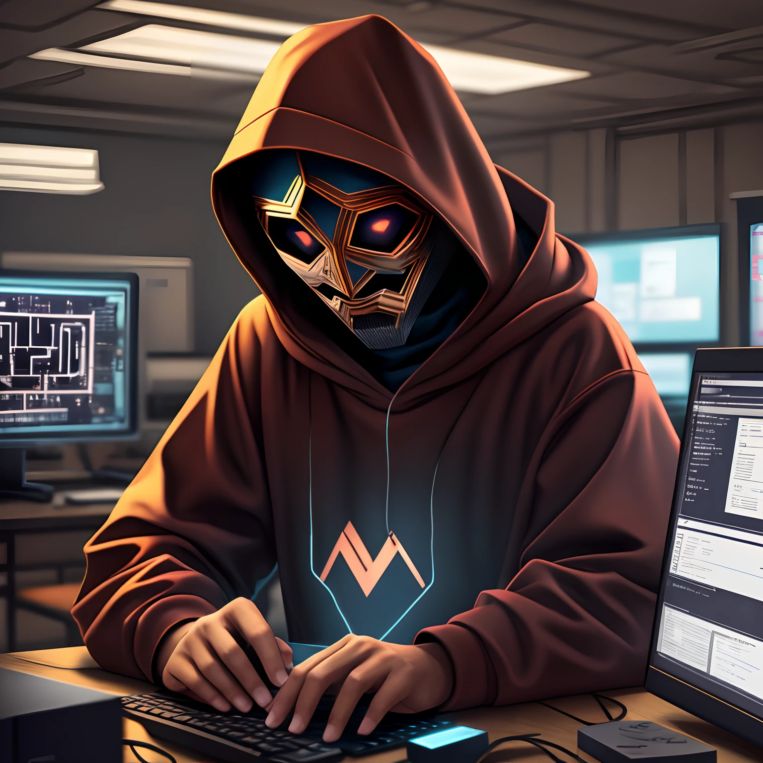 A strange hooded character, narrating something in front of the computer, hackers, unmasked