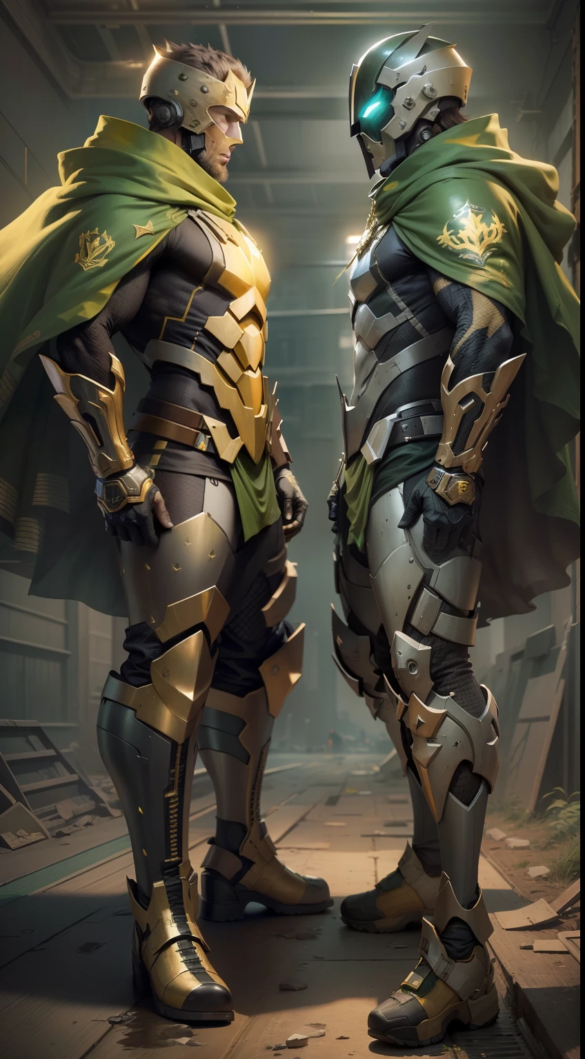 Develop an image of a hero wearing a green and gold costume. The hero must have a noble and powerful appearance, with distinct character traits. The green and gold costume should be modern and futuristic, with technological elements and details that make it unique. The hero must be in a heroic pose, as if he is ready to face any challenge that comes his way. The background scene can be an urban landscape or an imaginary landscape that matches the heroic aura of the character. Feel free to add creative and interesting details to make the hero even more captivating