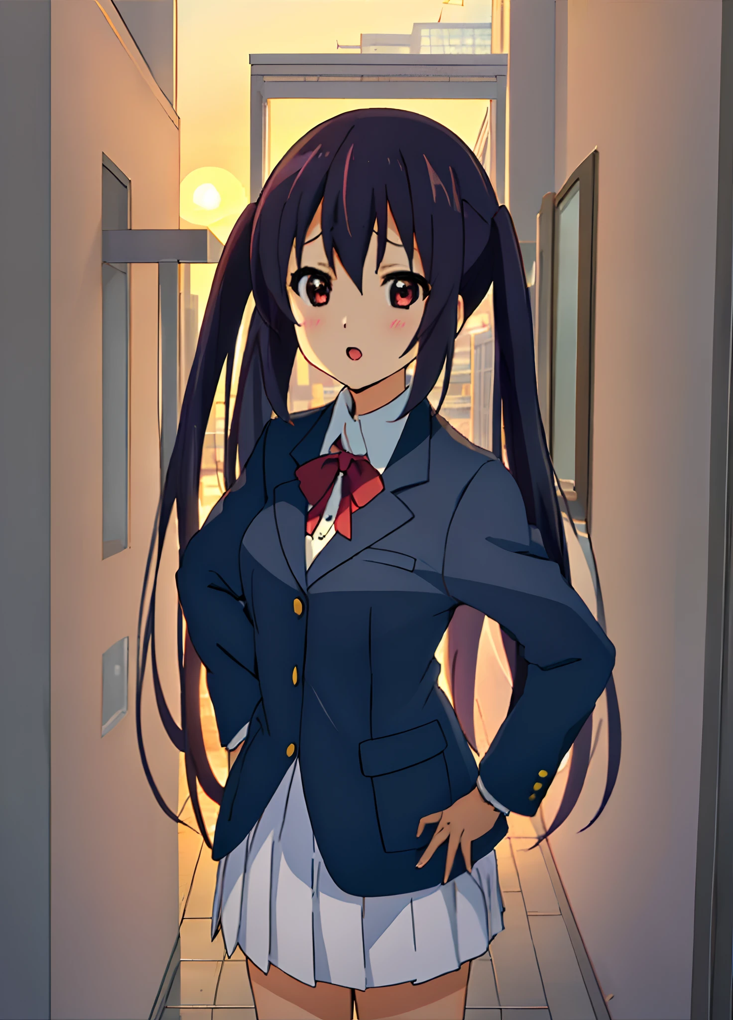 1girl, (((​masterpiece))), top-quality, top-quality, High Details, nakano azusa, 1girl, Sakuragaoka High School Uniform, student clothes, Twin-tailed, length hair, A dark-haired, brown-eyed, 独奏, reddish, Dark blue blazer with thin red ribbon, Solid white buttoned shirt under blazer, illustratio, comic strip, soothing tones, Subdued Color, Soft cinematic light, adobe lightroom, photolab, HDR, intricately and hyper-detailed、(((depth of fields))))。(((​masterpiece)))。(((top-quality))).)((ultra-detailliert)))。(((illustratio)))。(((takeout))).dynamic focus.big breasts.(((Skyscrapers))).(((A city scape))).(((Face of sadness))). open mouth.(((put hands on the hip))).(((up chest))).((evening glow)).((the setting sun)).