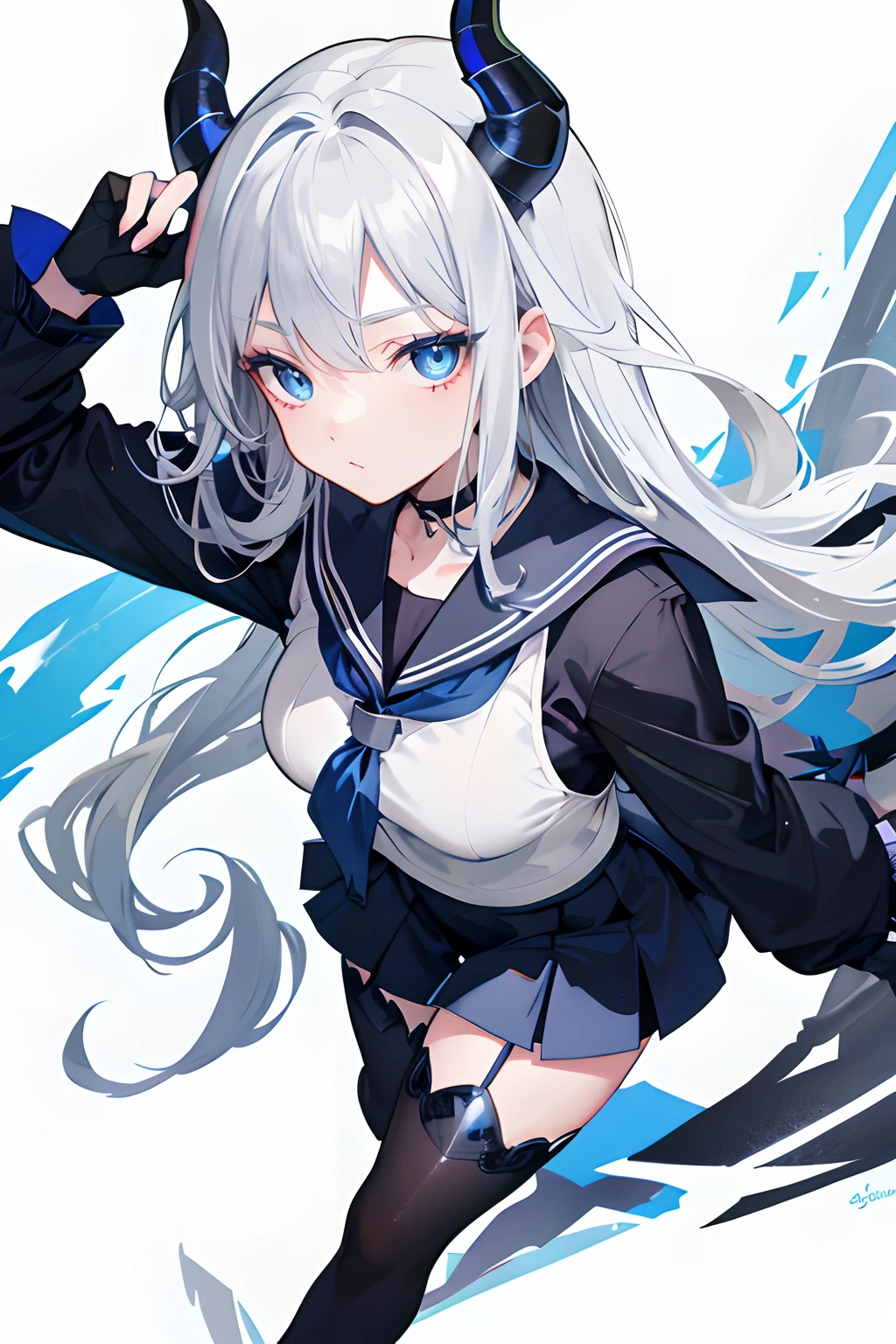 medium boob,Gray hair,blue grey eyes,Peaceful and gentle,Dragon girl,devil horns,Dragon tail,style of anime,Stockings,a sailor suit,black glove,solo person