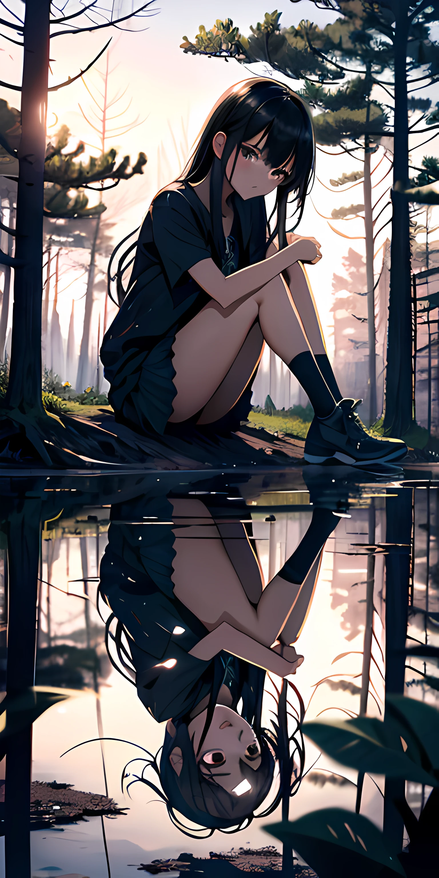 ridiculous resolution, high resolution, (masterpiece:1.4), cute girl, black hair, sad girl, forest --v 6