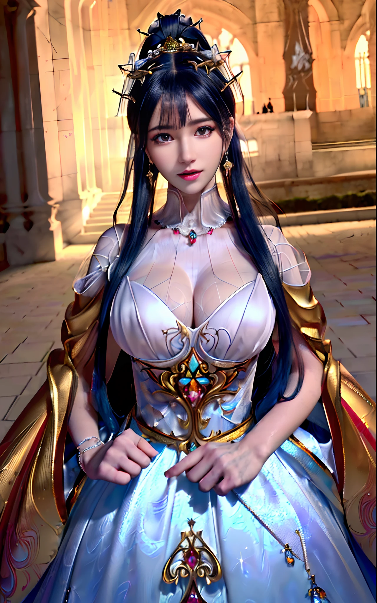 ((realisticity: 1.2)), ((realistic: 8K UHD)), ((best resolution: 8K UHD)), hyper detailed, best quality,masterpiece,highres,cg,
((1 hyper detailed and hyper realistic girl)), ((very beautiful queen dazzling, hyper realistic, and hyper detailed)),((white skin, beautiful, smooth, youthful, hyper realistic and hyper detailed
)), ((Hyper beautiful face, white, hyper realistic and hyper detailed)), long hair, ((hyper realistic and hyper detailed dress)), solo, ((hyper realistic, hyper beautiful, gorgeous and hyper detailed jewelry)), ((hyper beautiful, hyper realistic and hyper detailed dark red and golden yellow dress)),
((Hyper beautiful, hyper realistic, hyper detailed diamond filled earrings)),
  ((Hyper beautiful, hyper realistic and hyper detailed diamond filled hair ornament)), ((hyper beautiful upper body, hyper beautiful, hyper 
 realistic and hyper detailed)), ((big breasts: 2.5)), 
((Hyper grand, hyper realistic and hyper detailed royal palace backgroun))
((Hyper beautiful, hyper beautiful, hyper realistic and hyper detailed hair bun)), ((hyper beautiful, hyper realistic and hyper detailed blue hair)),
candid, Photograph, high resolution, 8k,Bokeh,