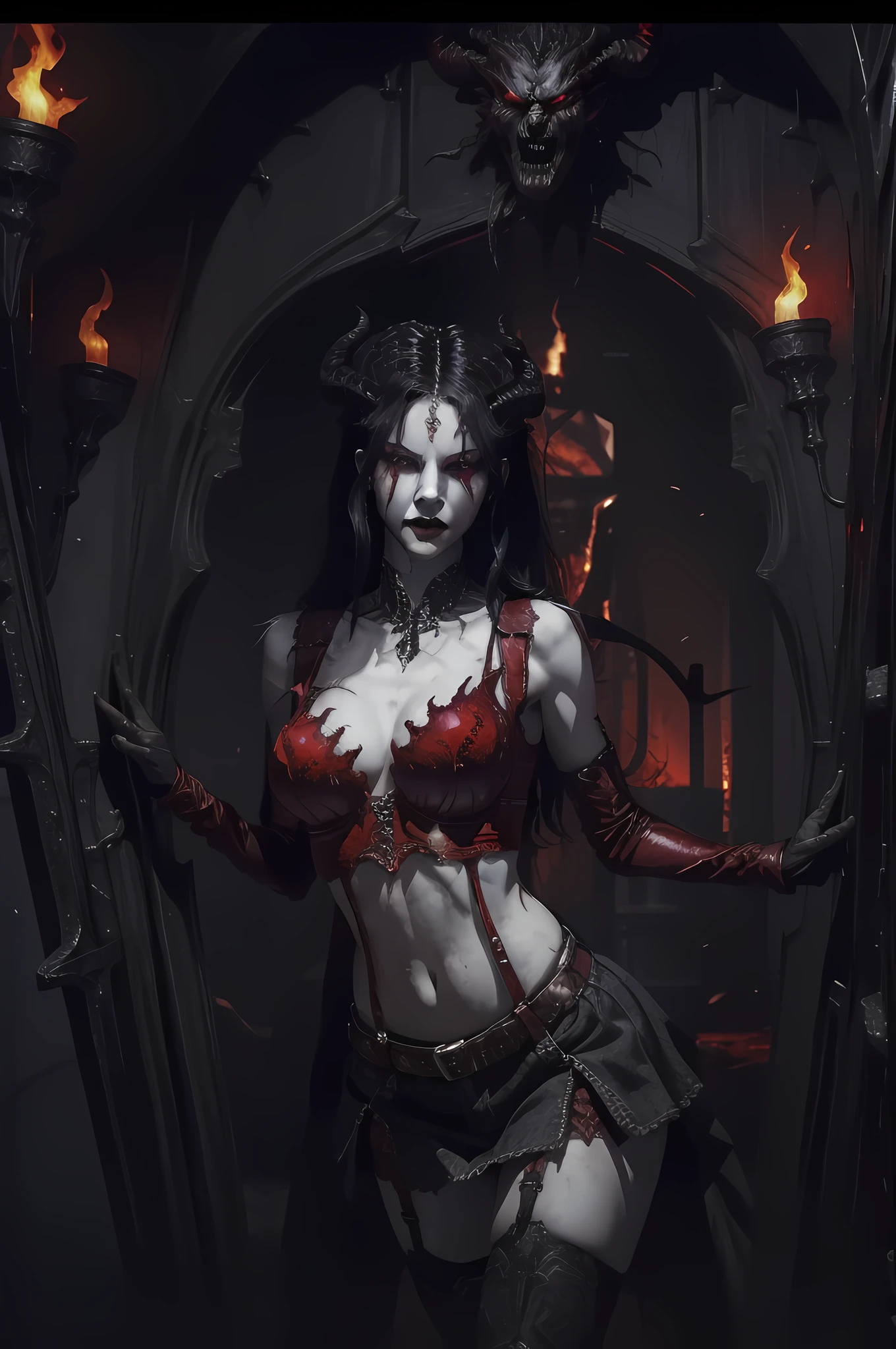 tmasterpiece，Best quality at best，1girl，The demons，Vikas，Black hair，glowing light eyes，unholy，evilsmile，Blood on the face，bloods，Blood on clothes，huge tit，Lace bra，Tong，Suspenders，fleshy legs，groin，Vest line，nakeness，High contrast lighting，Burning flame background，firey，