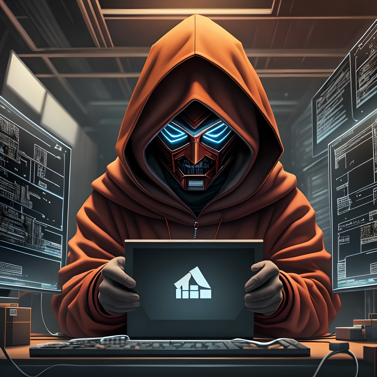 A strange hooded character, narrating something in front of the computer, hackers, unmasked