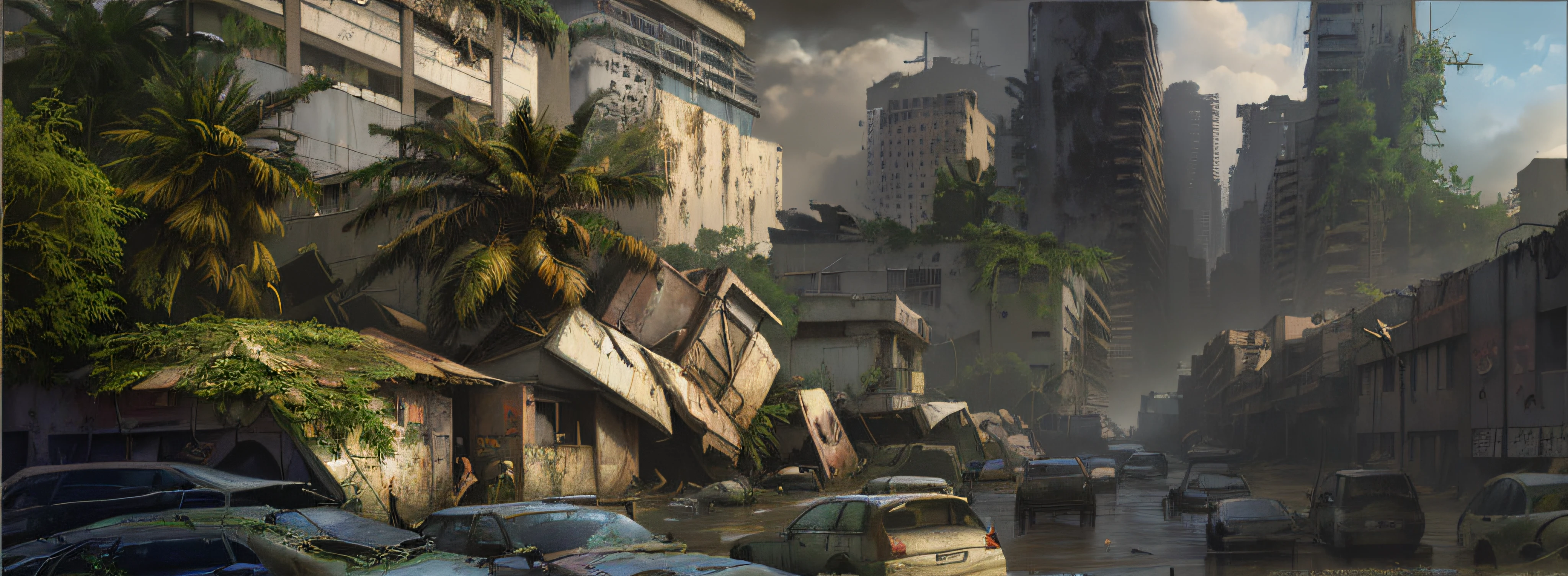 Cars parked in flooded areas of the city, post - apocalyptic city, post - apocalyptic city streets, post apocalyptic district, in a tropical and dystopic city, post apocalyptic city, outdoors ruined cityscape, urban concept art, craig mullins style, Post apocalyptic scenario, post - apocalyptic, postapocalyptic, Post-apocalyptic San Francisco, post apocalyptic landscape, post apocalyptic world