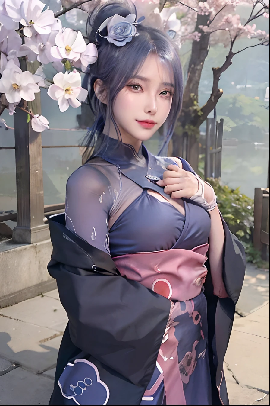 1girl, (8k, RAW photo, best quality, masterpiece:1.2), (ultra highres:1.0),detailed illustration, (real person,fashion photography portrait,photograph), detailed, detailed beautiful skin, (realistic, photo-realistic:1.37), konan akatsukiNS, solo, professional lighting, black dress), village, east asian architecture, trees, village hidden in the leaves background,looking_at_viewer, smile,blue hair,blue eyes,mitain,toeless footwear,kunai,facial mark,konohagakure symbol,fighting_stance,fence,ninja,adjusting gloves,sleeveless,cleavage, big breasts