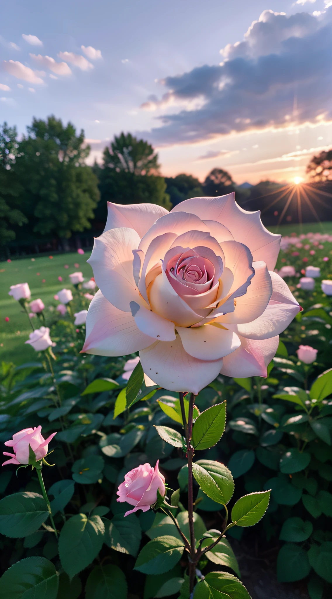 morning，Live-action shooting of 1,000 beautiful and romantic pink and white roses blooming，Beautiful flowers are clearly visible，White and red flowers，Fluffy and soft petals，The sides are many flowers，In the middle are falling glowing petals，Sunset sky，In the distance is grass，Refracts pink light，hyper realisitc，Hyper Real，photography of，magick，fanciful，limpid，8k，