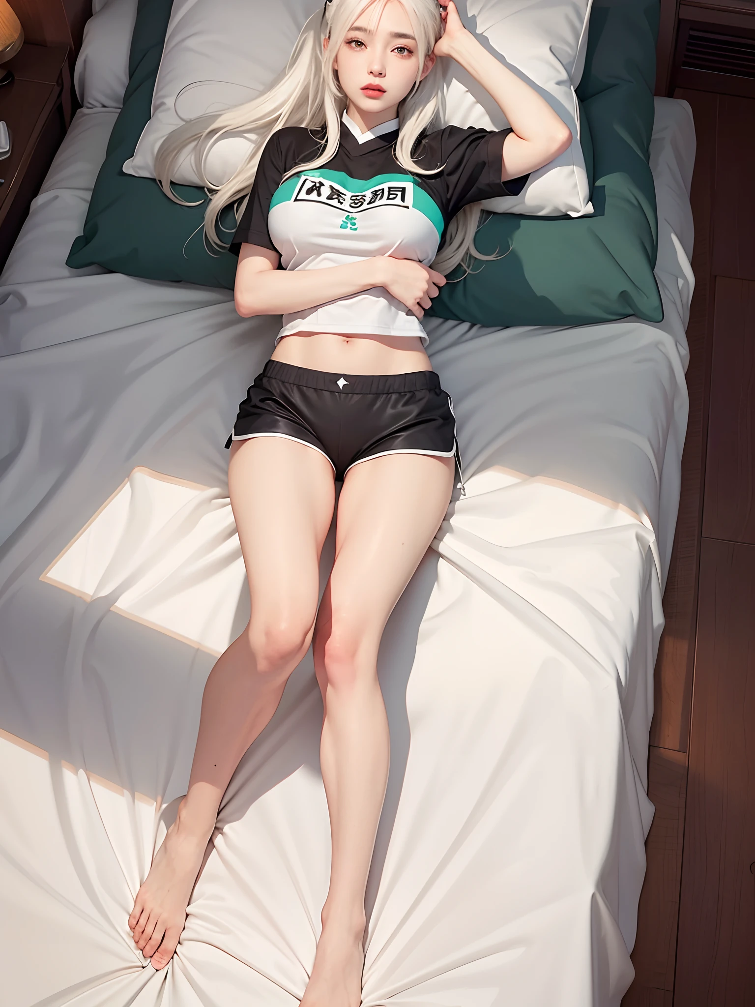 Realistic, 8k, 1girl, long white black ponytail hair, Chinese, heterochromic eyes, moles under the eyes, thick eyebrows, bikini, white panties, tuned abs, thighs, in bed,