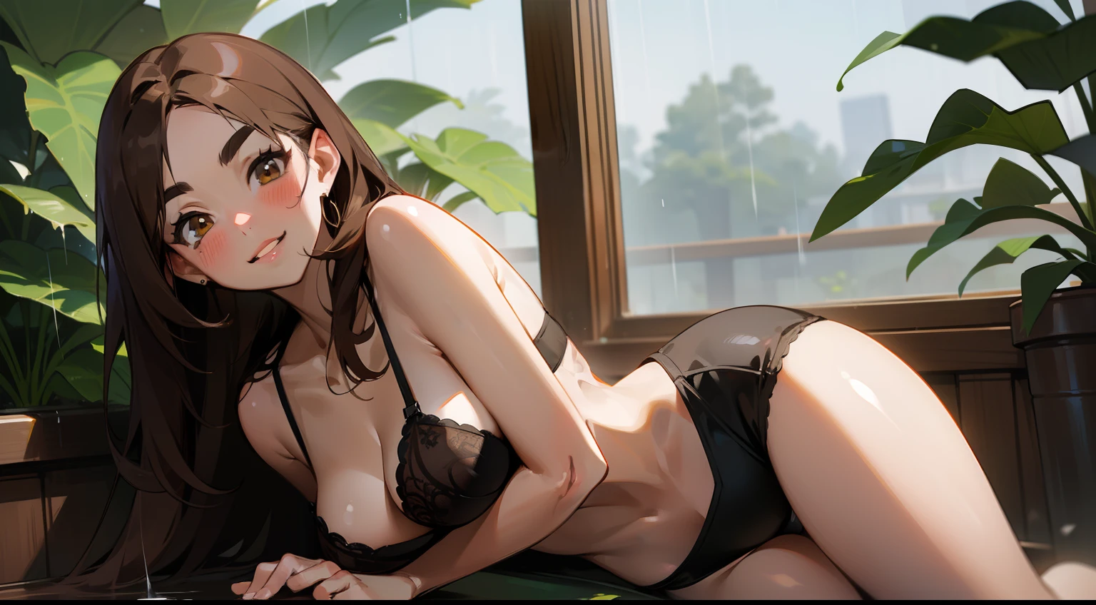 Full-size adult woman, blushing, smiling, mouth, lips, ear, nose, eyebrows, large brown brown hair color, full height, light brown eyes, wearing underwear, looking at viewer, grimace on ahageo-shaped face, underwear black, black bra, white skin color, background scenery, in the window, plants around, on the sides, living environment, leaves flying, raining heavily, water