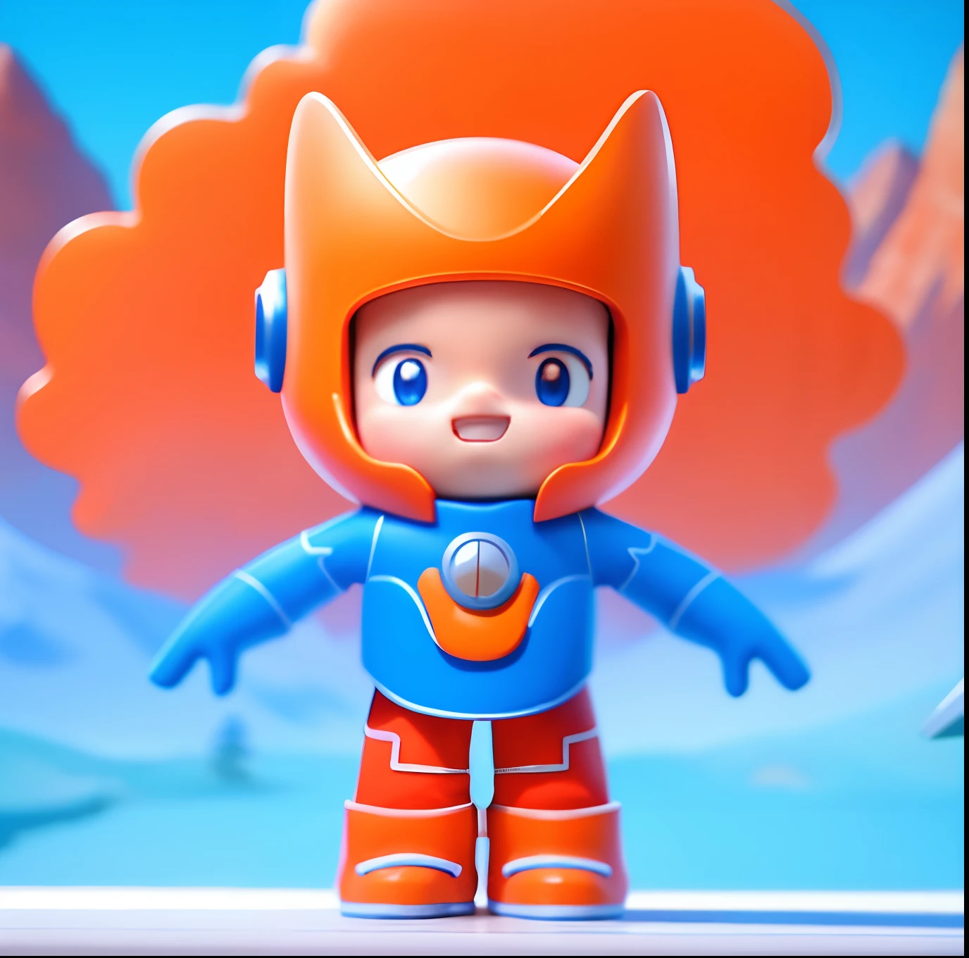 A young boy with,Orange helmet,blue clothes,White gloves,White shoes,3Drenderingof,pixar-style,Wear a tie,red tinted hair,There are elements of mountains,nothing background