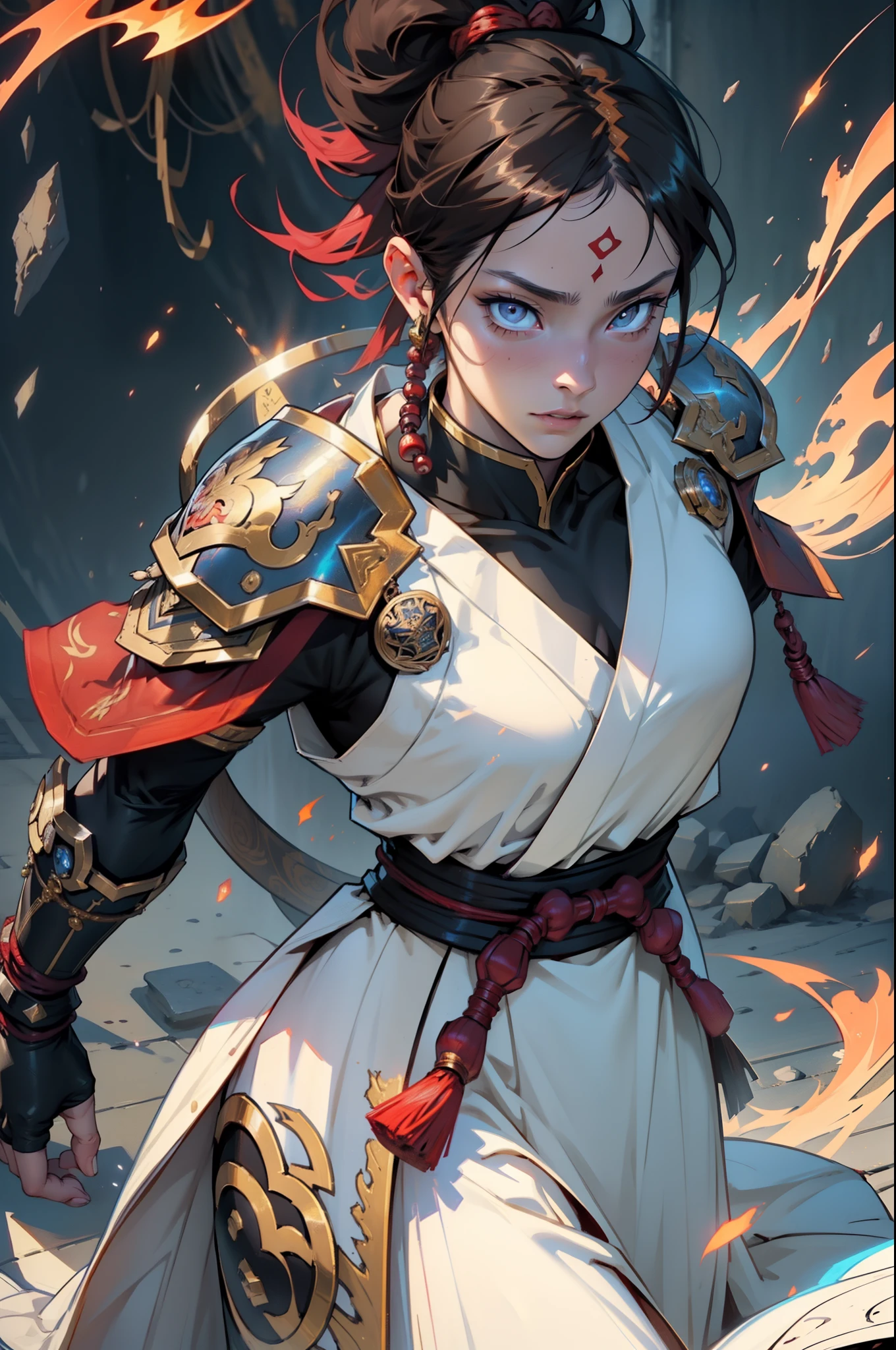 A Japanese female general、martial art、Grim expression、full bodyesbian、Clear facial features、Amazing facial features，Red and white robes，brunette color hair，Armour，Armoured skirt，The background is dark and full of flames，A martial artist who incarnates Shura，Martial artist，Chun- li，The fire burst into the sky，With Buddha beads，Game model， Stunning lighting， C4D，oc rendered，cinematic rim light，The light is delicate，tmasterpiece，ultra - detailed，Epic composition，Super HD，high qulity，HighestQuali，32K