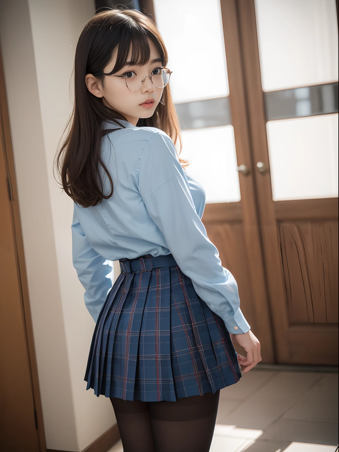 (8K、Raw photography、top-quality、masterpiece:1.2),Lori,Schools,watching at viewers,Looking at the front,bob cuts,Bullish,Muchimuchi,Erotic,Pupils,Light Blue Bra,de pele branca,kne,(Black pantyhose),absurderes,a small face,small tits,flat breast,Parting the bangs from the middle、Forehead visible,(a cold expression,Tight eyes,glares,Bullish,skinny,Rasping,irate)、masterpiece,top-quality、超A high resolution,Raw photo,ren,Beautiful fece,One Person, 独奏,eye glass,,Dark look,Small breasts,fullllbody,Round glasses、cute little、Back to Student,JK school uniform,hi-school girl,A Japanese Lady,is standing,(Photorealsitic:1.37)、Photon mapping,Realistic、Cute little face,Brown-eyed、Black socks、(Red bow tie)、Radio City、Physically Based Rendering、Foreground、depth of fields、Blurry background、a picture,The girls、Body,beauty legs, Long legs, Thin leg,Tie your hair into one strand on your chest,(Bangs are visible), hair, s lips, Blue_The eye, nosesoft,(Light blue shirt), (Navy and blue and white plaid pleated skirt), Knees are visible,Sheer clothing,, Thigh, Black cotton socks,Nogizaka Idol, 女優, Japanese ido