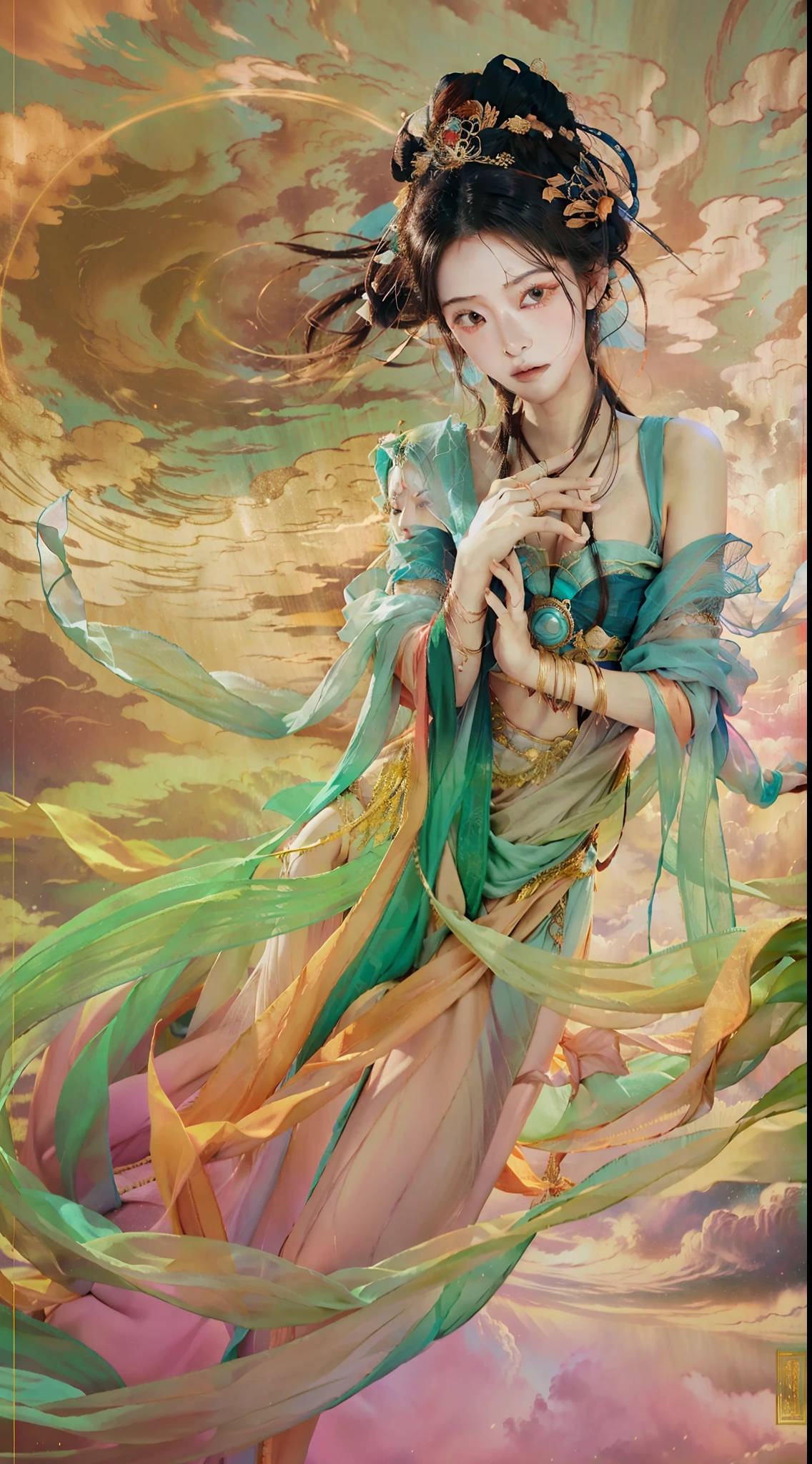 Dunhuang art，Flying chart，1girll，Girl with a smooth and dynamic posture，Wearing a loose and flowing dress，The expression is mysterious，frizzy hair，fly in sky。Colored clouds，hoang lap，intricately details，tmasterpiece，best qualtiy，A high resolution，8K），wide wide shot，