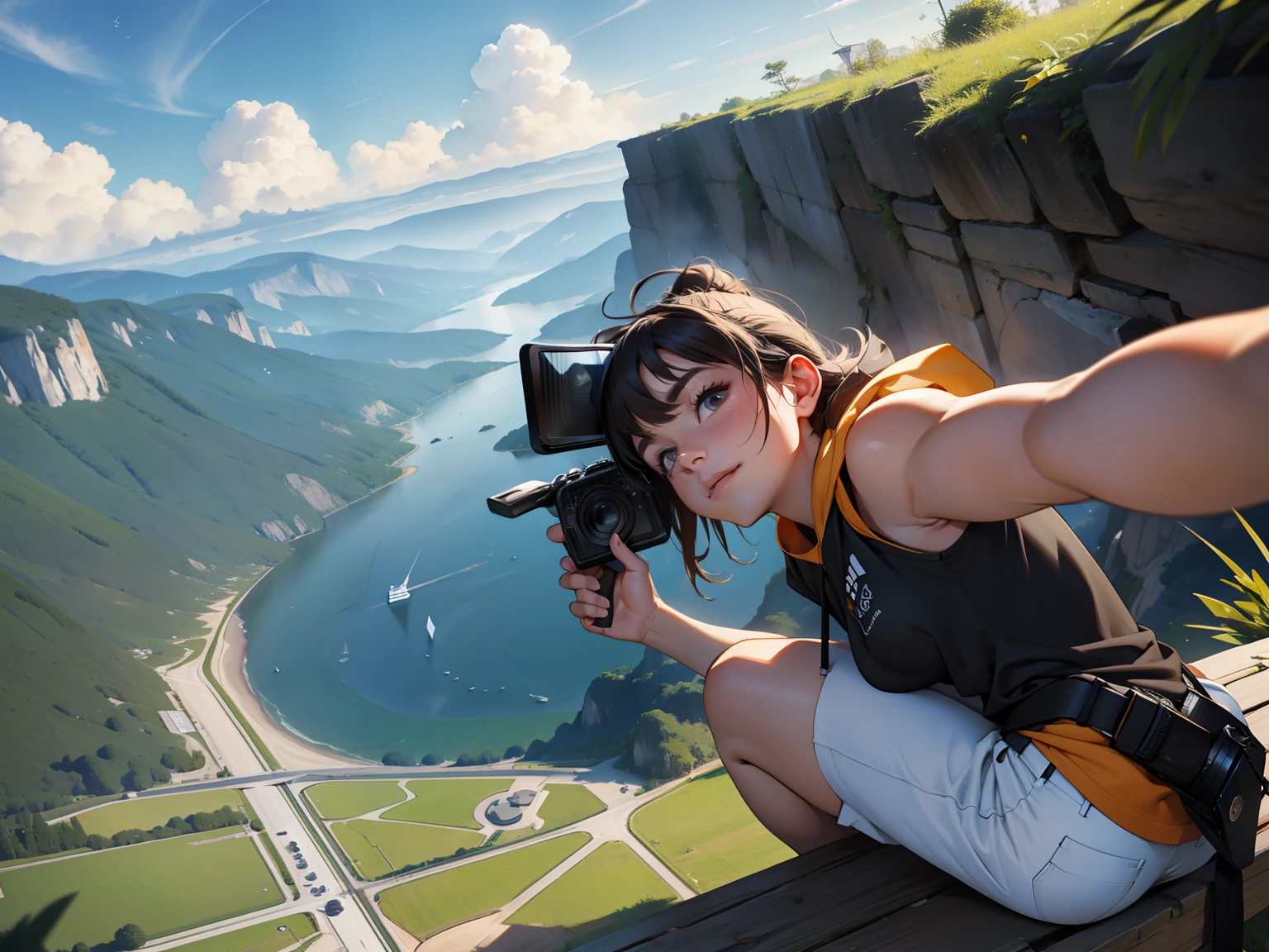 A person takes a selfie,Camera angle,Big perspective,Show the whole body,Sit and turn around,