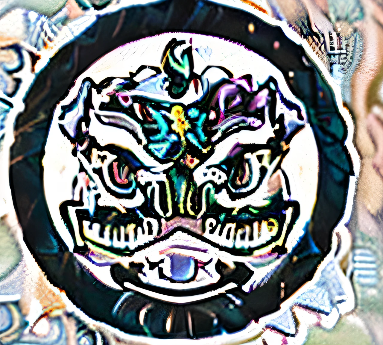Close-up of colorful signs with lion dance, lion dance, Chinese Dragon, Dragon face, 中 国 鬼 节, China, chinese dragon engrave, dragon design language, Kungfu, , Dragon, Kungfu, Full details, Colorful signs,Badge,Simple pattern