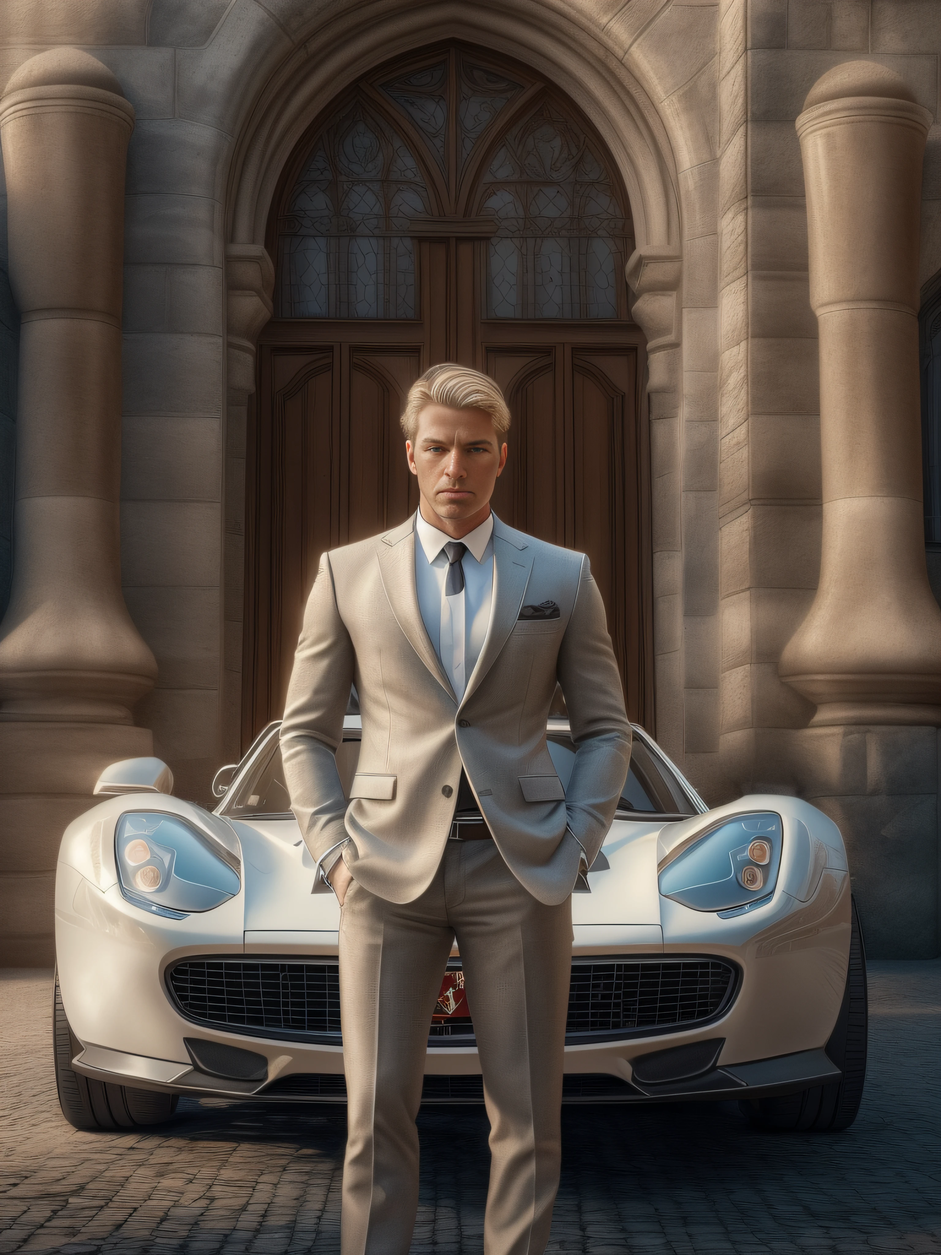 full shot,(symmetry),centered,a real man brutal blond athletic build, against the backdrop of a medieval castle and a ferrari car in front of the front door,a very thin white man with short hair,wearing a classic three-piece suit,35mm,natural skin,clothes detail, 8k texture, 8k, insane details, intricate details, hyperdetailedhighly detailed,realistic,soft cinematic light,HDR,sharp focus, ((((cinematic look)))),intricate, elegant, highly detailed,Jerry Gionis style ,hyperphotorealism