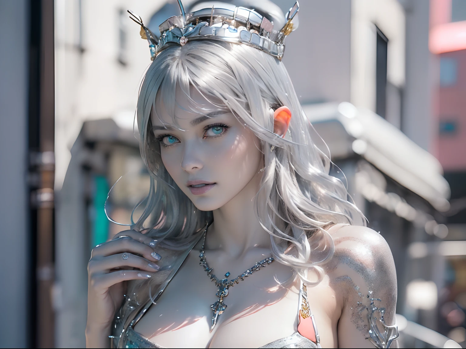 Ultra-detailed complex 3D rendering of the face, (masterpiece, top quality, octane rendering,), glamour shots full body image, very beautiful young elves, cleavage, (highly detailed skin: 1.2), (exposure: 1.1), ((blue micro bikini: 1.95)))). , 8k, (((very soft breasts)), (((conspicuous large pink areola)), beautiful Caucasian woman with white skin with full soft breasts with big buttocks, one, long braided hair, big breasts, dynamic angles, (((huge breasts: 2.4)), ultra-realistic photos, ((((((silver hair)))), futuristic urban background, facial muscles, (((((detailed and glamorous silver crown)))), In the style of Marvel Comics, ArtStation Trends, Clear Focus, Intricate Details, Very Detailed, Detailed Green Eyes, Sharp Focus, Digital Rendering, Professional, Abs, Lip Gloss, Glossy Skin, Sexy Pose, Golden Tattoo All Over Body, Silver Pattern All Over Body, Silver Lame Skin, Gold Glitter Skin, Mansuji, Buttocks, Jeweled All Over the Body, with silver scales, silver hair,