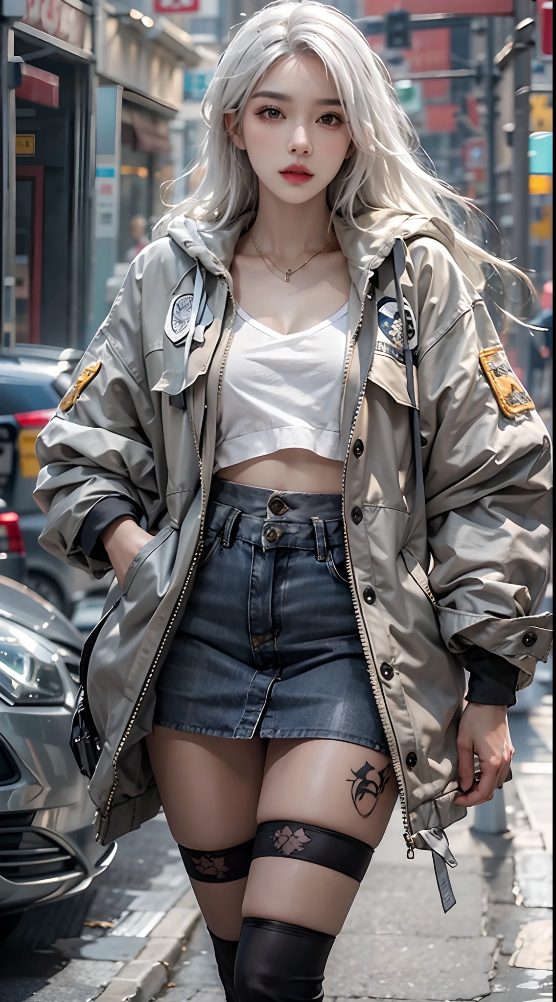 photorealistic, high resolution, 1women, solo, hips up, look at viewer, (detailed face), white hair, street wear, jacket, skirt, thighhighs, tattoo, jewelry