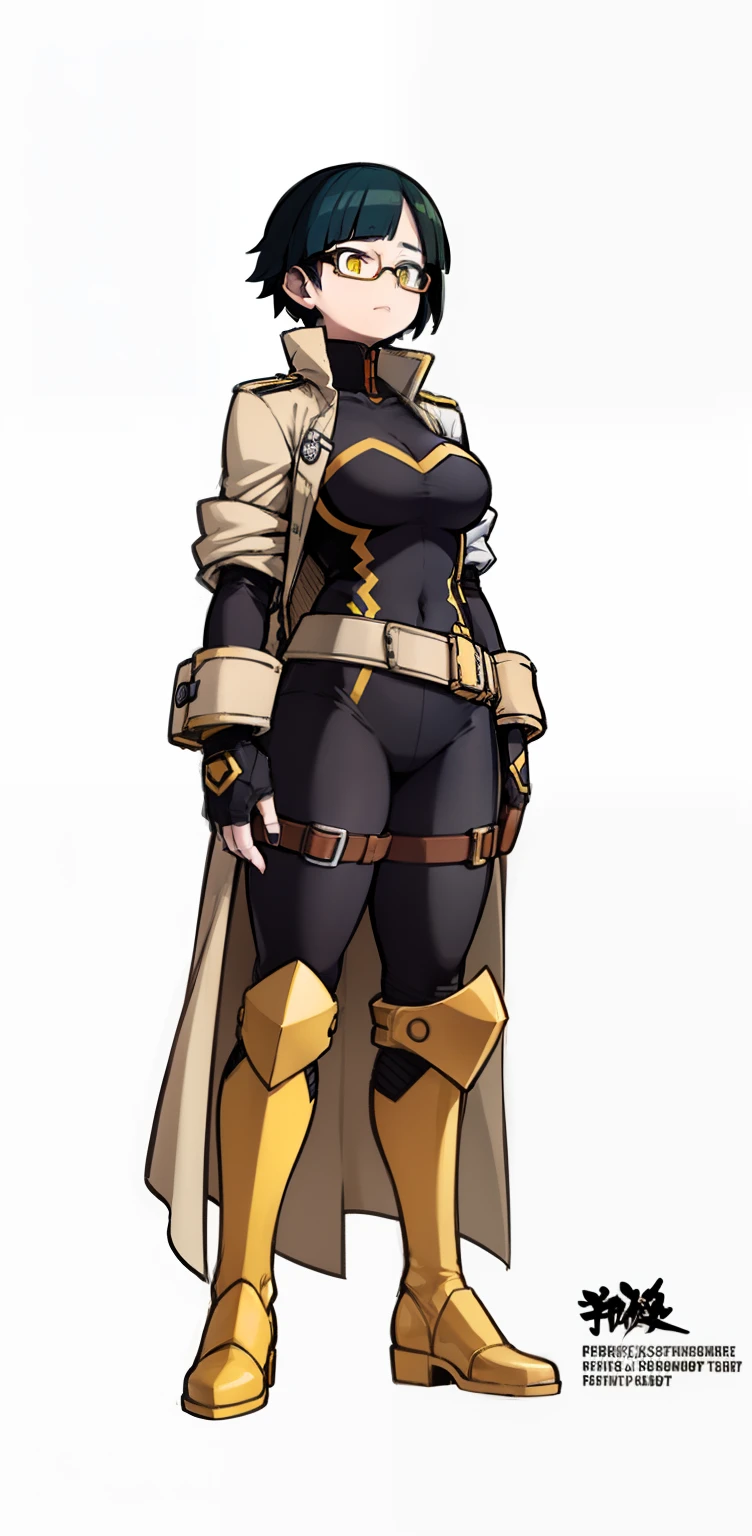 My Hero Academia style, anime Girl, female, wide thighs, wide hips, Large Breast, Blue short hair with green bangs, short hair, jagged bangs, asymmetrical bangs, long side bangs, yellow trench coat, trench coat, open trench coat, high collar trench coat, trench coat,  glasses, red frame glasses, round red frame glasses, green eyes, Joyful Gaze, black pants, black belt, black shirt, trending on artstation pixiv, (full body shot:0.5), Masterpiece, fullbody suit, Hero costume, Perfect Anatomy, Super Detailed,