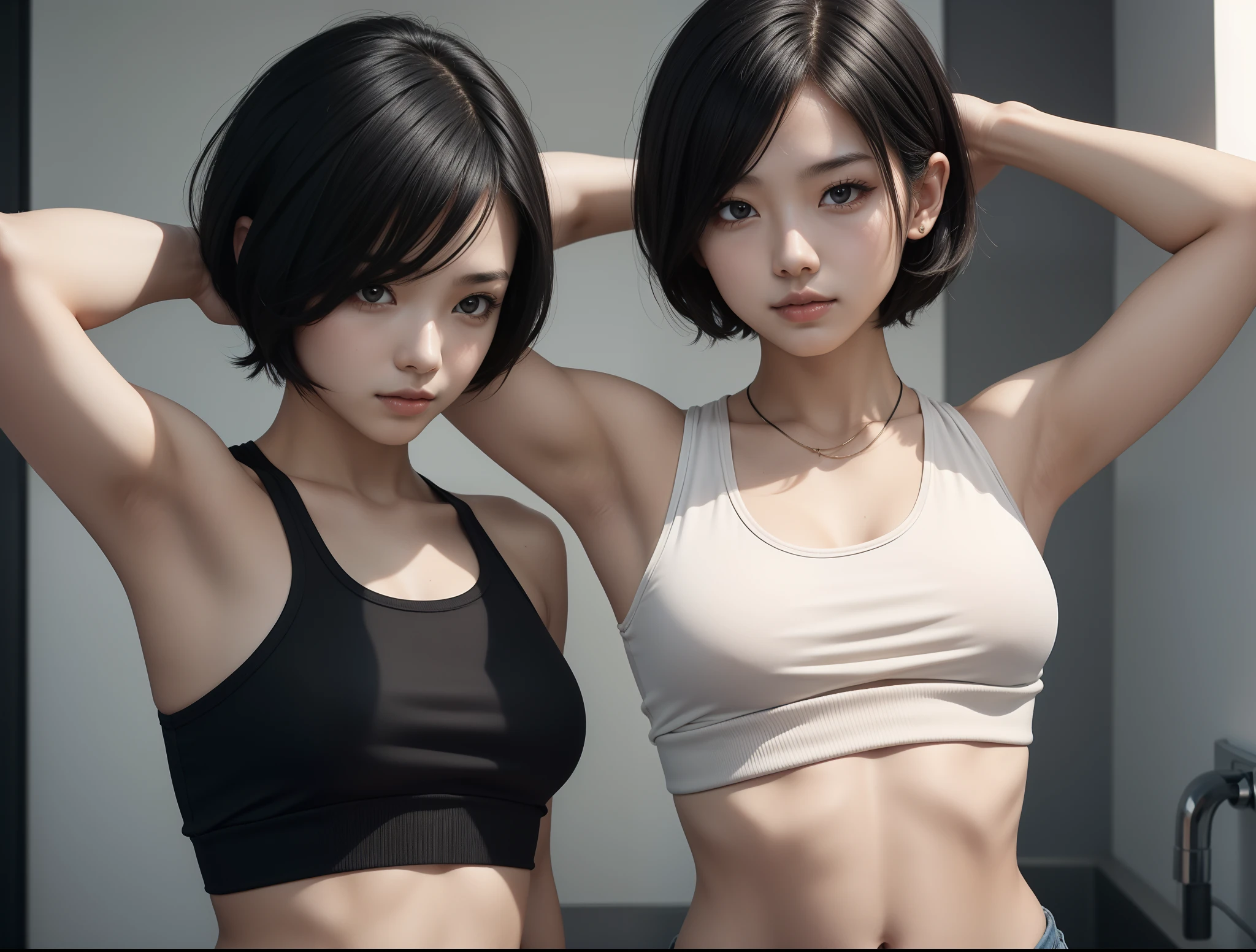 1girl, short hair, black hair, armpit, croptop, nice, clear skin, good anatomy, high quality
