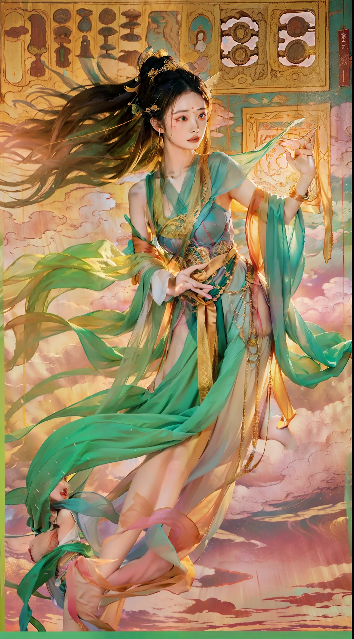 Dunhuang art,Flying chart,1girll,Girl with a smooth and dynamic posture,Wearing a loose and flowing dress,The expression is mysterious,frizzy hair,fly in sky。Colored clouds,hoang lap,intricately details,tmasterpiece,best qualtiy,A high resolution,8K),wide wide shot,