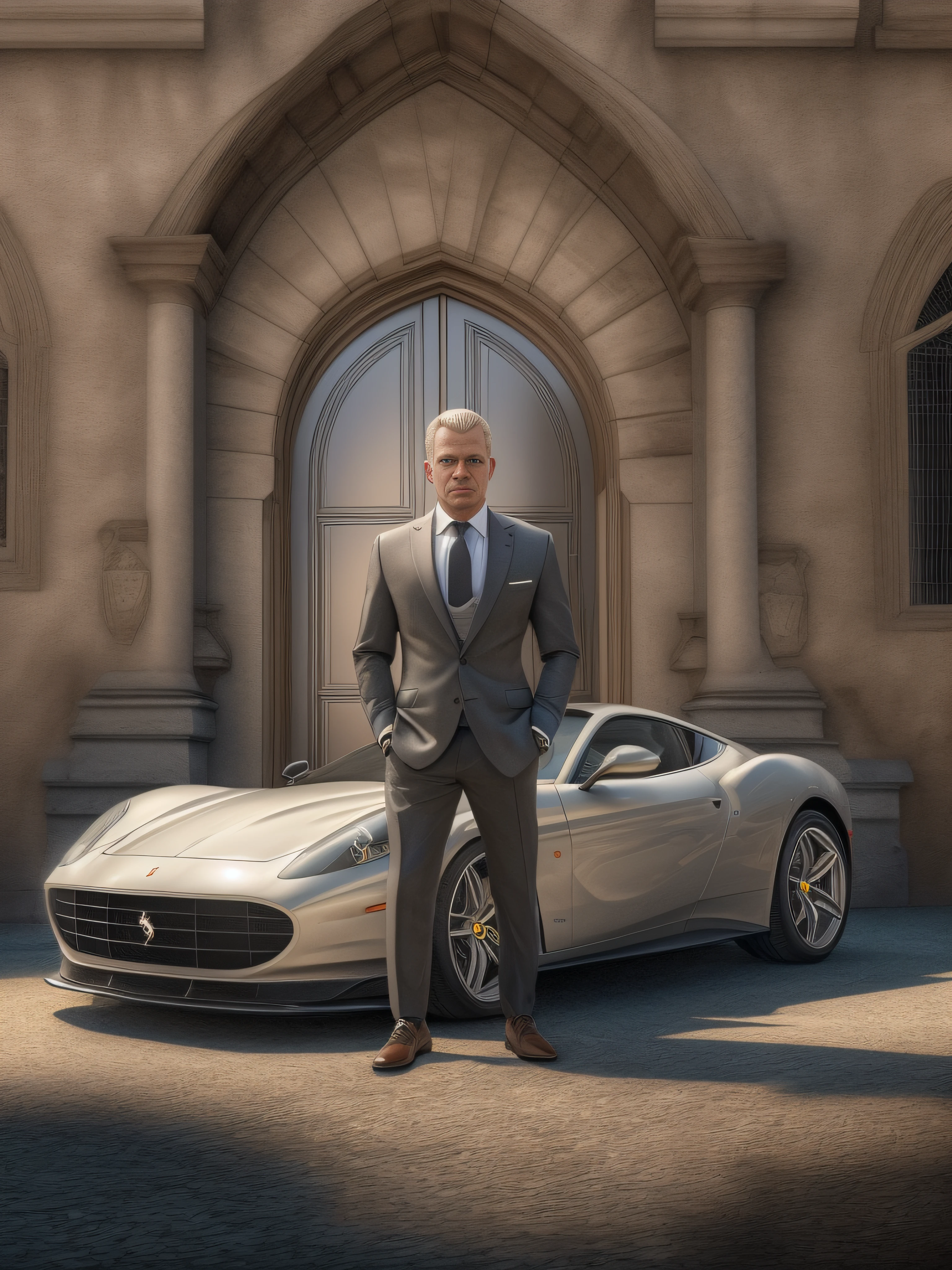 full shot,(symmetry),centered,a real man brutal blond athletic build, against the backdrop of a medieval castle and a ferrari car in front of the front door,a very thin white man with short hair,wearing a classic three-piece suit,35mm,natural skin,clothes detail, 8k texture, 8k, insane details, intricate details, hyperdetailedhighly detailed,realistic,soft cinematic light,HDR,sharp focus, ((((cinematic look)))),intricate, elegant, highly detailed,Jerry Gionis style ,hyperphotorealism