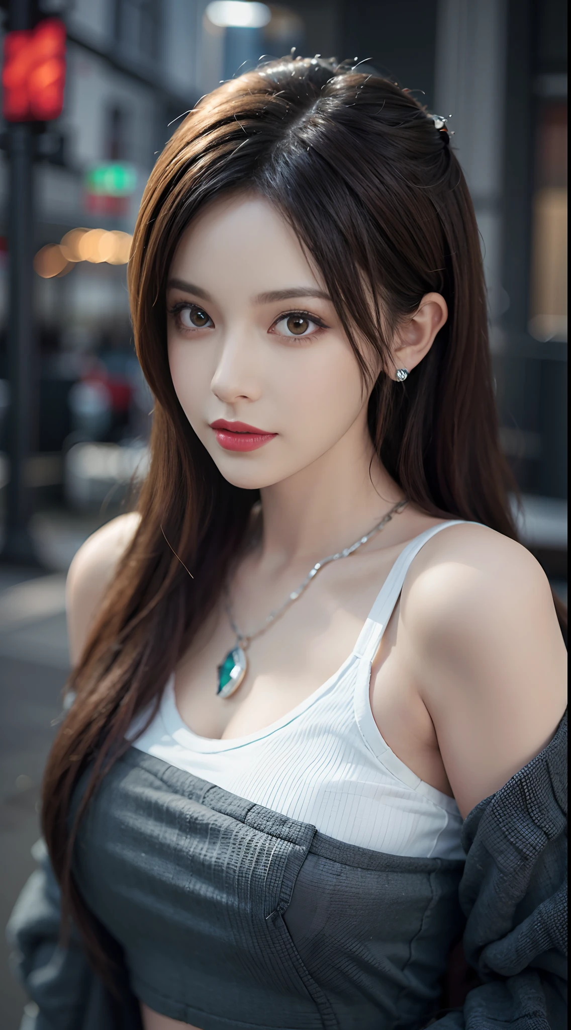 Urban beautiful girl college student, masterpiece, light makeup, red lips, silver hair, messy long hair, street background, beautiful, elegant. Ultra-fine details, master works, real texture, cinematic lighting realism, perfect work, 8k, HD, exquisite facial features, white tight open-cut top, transparent white tight shorts, slim figure, bright big eyes, smooth skin, earrings, necklace, tattoos