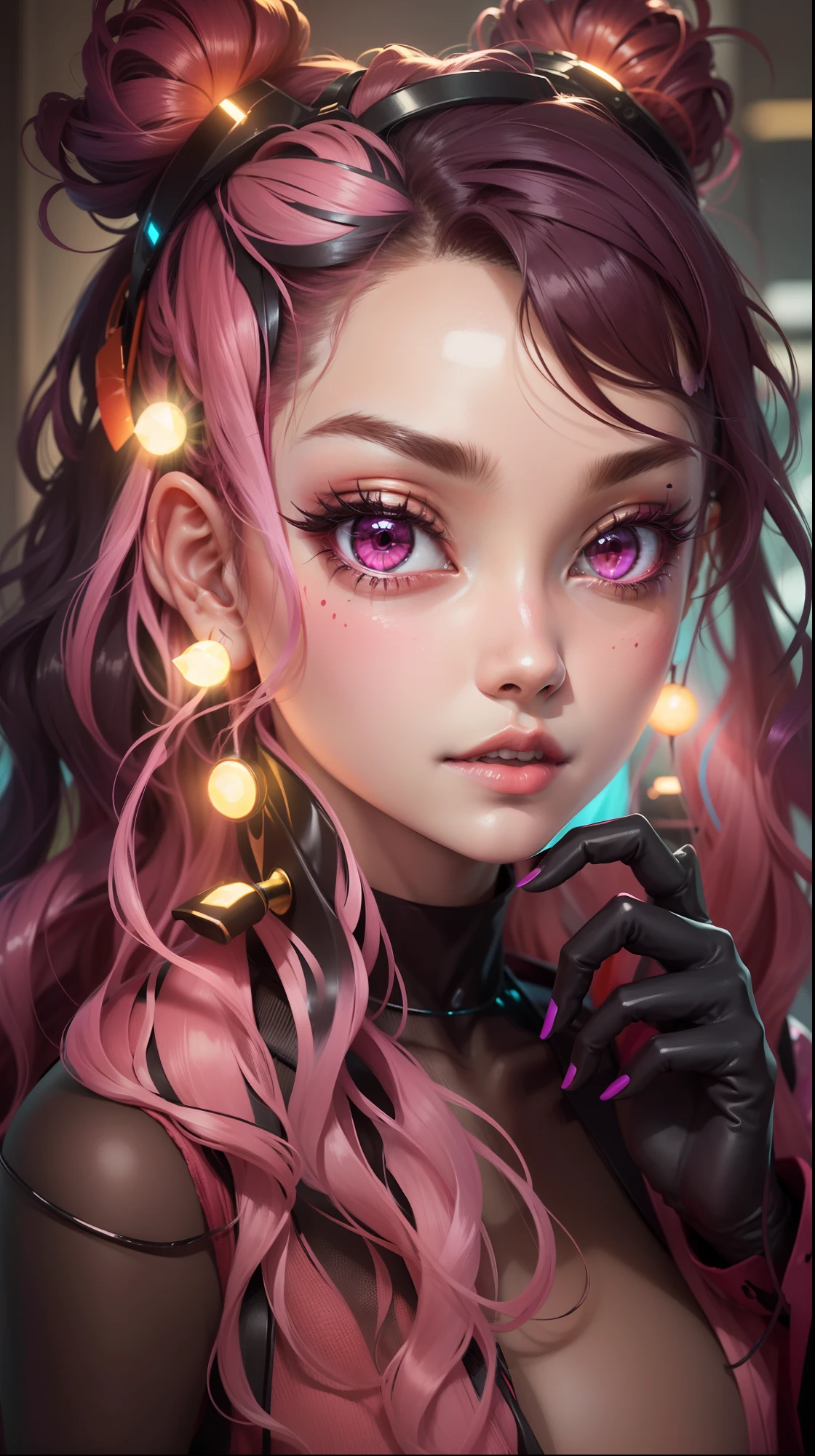 1 girl, beaming colors, blood red, bright colors, brilliant colors, burnt amber, cooper color, dark pink colors, dark vibrant colors, dark red, dark purple, dark pink, dark violet, electric colors, futuristic, electroluminescence, realistic art, decora kei outfit, hirohiko araki --niji --q 0.25