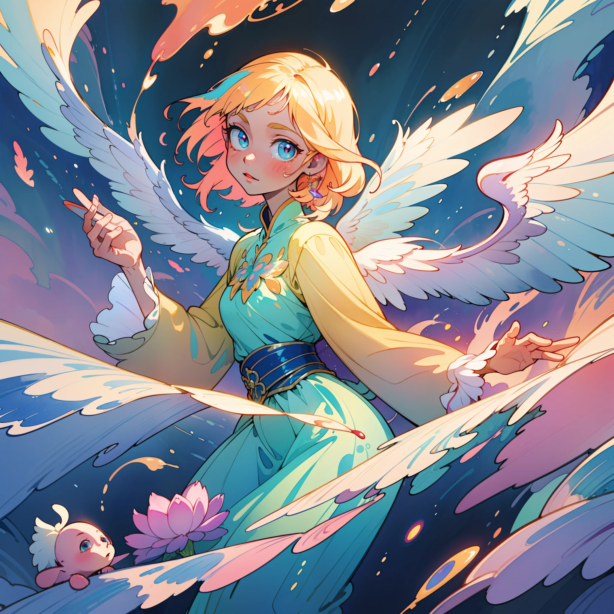masterpiece, best quality, sharp focus, 8k, intricately detailed environment, anime, watercolor illustration, colorful, bright colors, whimsical, glowing lights, liquid otherworldly, fairy lights, beautiful girl in flowing liquid glowing dress, perfect face, golden ratio, sparkling eyes, watercolor, liquid light, angel wings