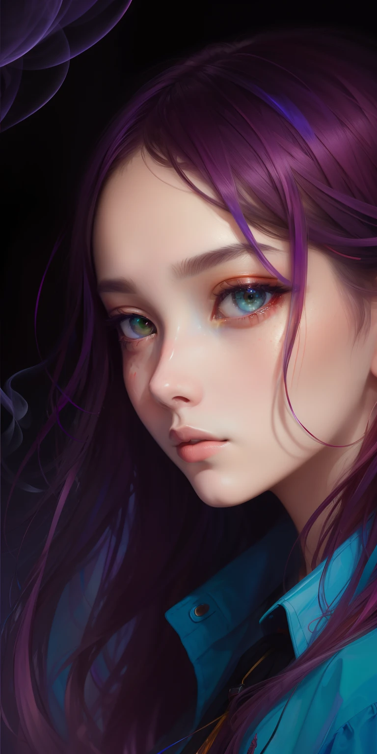_james jean, floating female figure made of ribbons, smoke, in the sky, colorful and vibrant, mystical colors, contemporary impressionism, yanjun cheng portrait painting, iridescent painting, 3/4 perspective view, cute face, low angle, sweeping circling composition, large beautiful crystal eyes, big irises, UHD, HDR, 8K, (Masterpiece:1. 5), (the most beautiful portrait in the world:1.5)