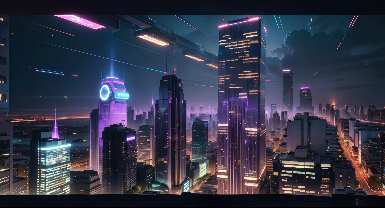 Imagine a city of the future, in the year 2040, where technology and nature coexist in harmony. The buildings are tall and elegant, with solar panels and vertical gardens. The streets are illuminated by neon lights and holograms. The sky is dyed orange and purple by twilight, creating a contrast with the colors of the city. The image is so realistic that it looks like a photograph, with high resolution and richness of detail. 4k image, ultra realistic