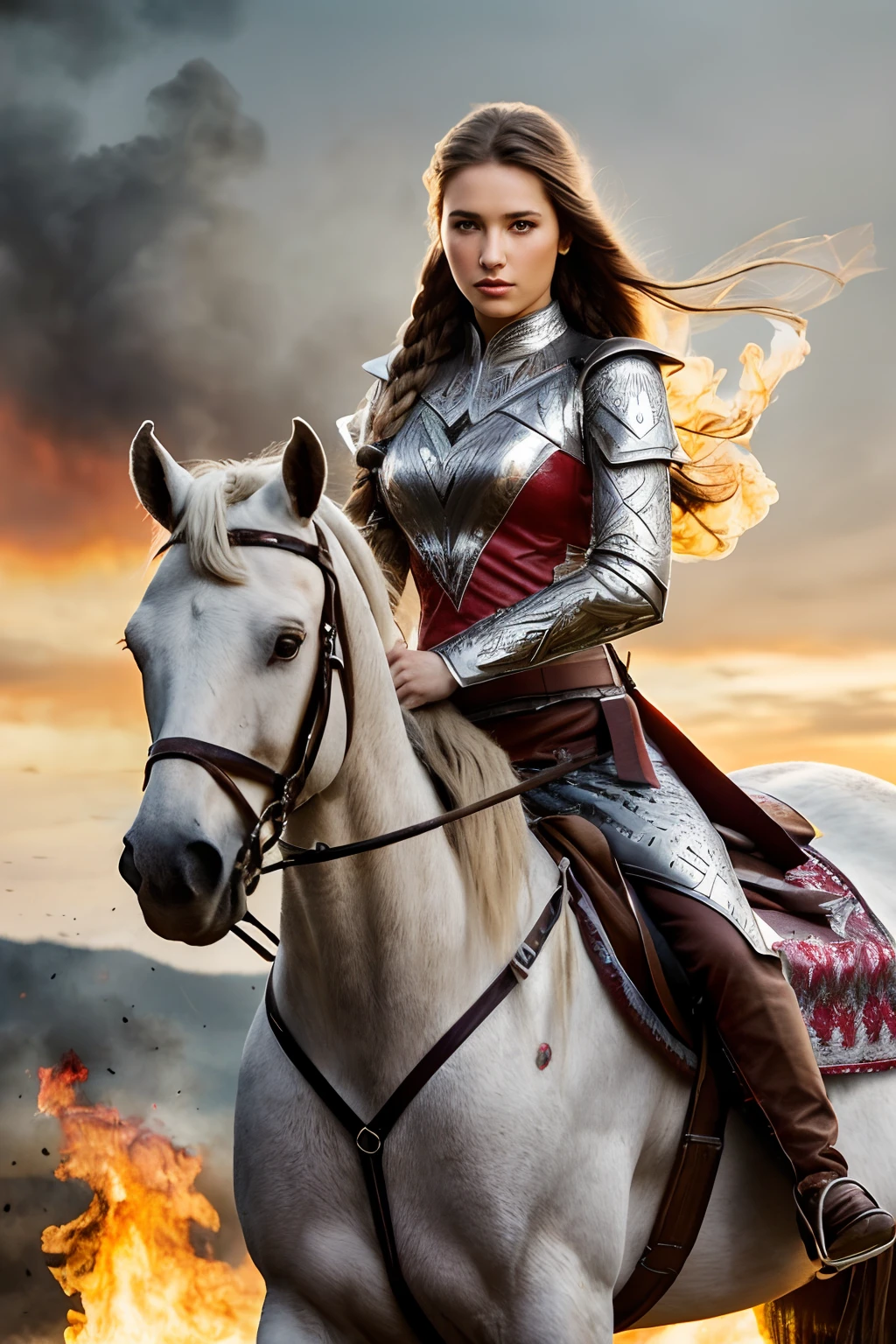 tmasterpiece,best qualtiy,hyper HD, 8K,Bokeh,Ultra-fine painting,Sharp focus,Physically-based rendering,Extreme detail description,1 female paladin,Raised sexy,ride horse,Swing the long sword,Light silver armor,(Richly decorated armor:1.5),(The print pattern is delicate and beautiful:1.5),red brown hair,Long, Thick braids,A detailed eye,Straight nose,perfect bodies,(Battlefield fighting:1.5),Gunsmoke fills,Smoke billowed out,Flames lit up the sky,