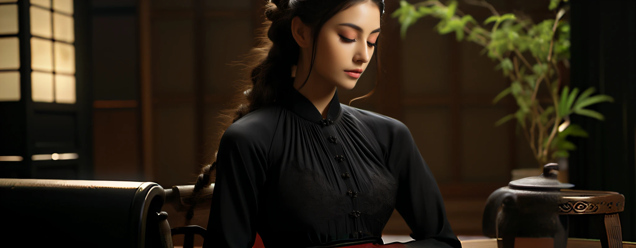 there is a woman sitting at a table with a cup of coffee, ao dai, portrait shooting, in style of lam manh, elegant japanese woman, inspired by Gu An, Traditional beauty, Beautiful oriental woman, gorgeous chinese models, an elegant woman in black dress, Palace ， A girl in Hanfu, inspired by Qian Gu, vietnamese woman, An Asian woman