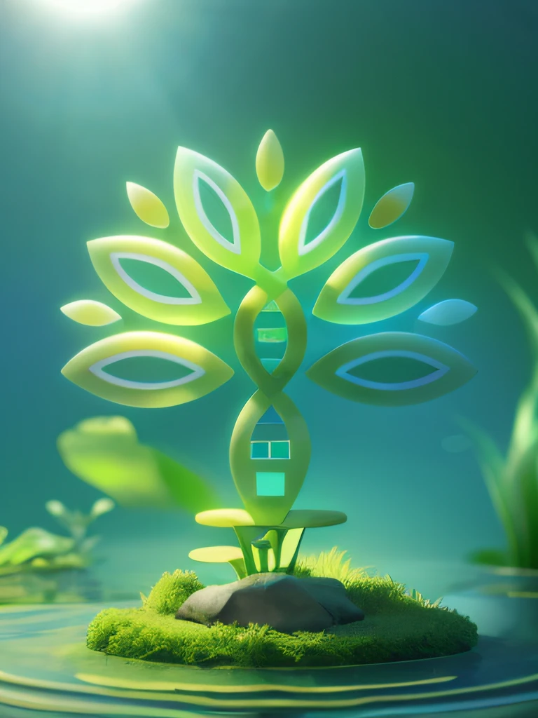 There is a green plant，It has DNA markers on it, 3 d render stylized, Stylized 3 D, depicted as a 3 d render, stylized as a 3d render, stylized 3d render, rendered in cinema 4 d, Rendered in Cinema4D, stylized vegetation, tree of life seed of doubt, Tree of Life, 3 D 插图