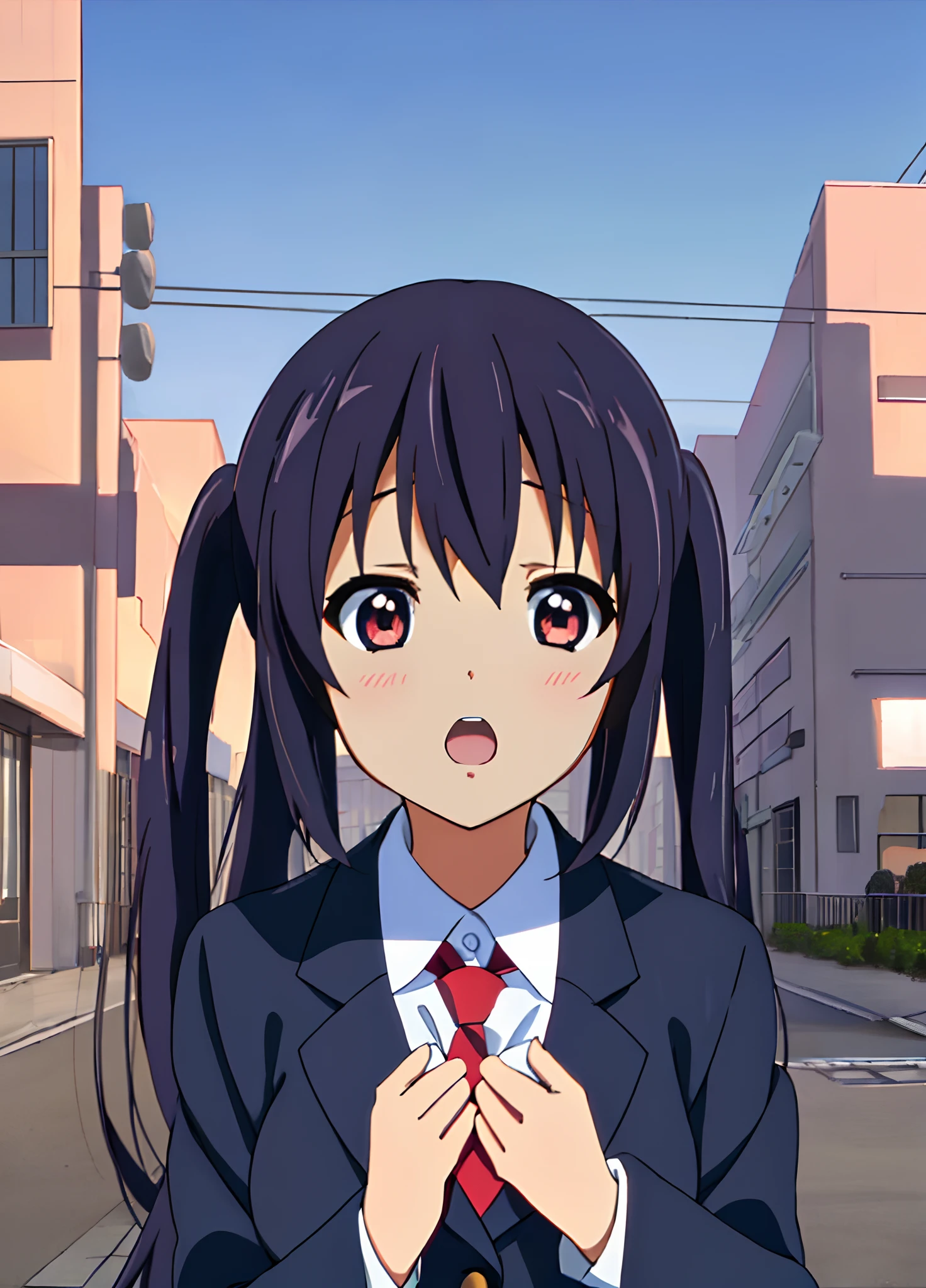 1girl, (((masterpiece))), top-quality, top-quality, High Details, nakano azusa, 1girl, Sakuragaoka High School Uniform, student clothes, Twin-tailed, length hair, A dark-haired, brown-eyed, 独奏, reddish, Dark blue blazer with thin red ribbon, Solid white buttoned shirt under blazer, illustratio, comic strip, soothing tones, Subdued Color, Soft cinematic light, adobe lightroom, photolab, HDR, intricately and hyper-detailed、(((depth of fields))))。(((masterpiece)))。(((top-quality))).)((ultra-detailliert)))。(((illustratio)))。(((takeout))).dynamic focus.big breasts.(((Skyscrapers))).(((A city scape))).(((Face of sadness))). open mouth.(((put hands on the hip))).(((up chest))).((evening glow)).((the setting sun)).
