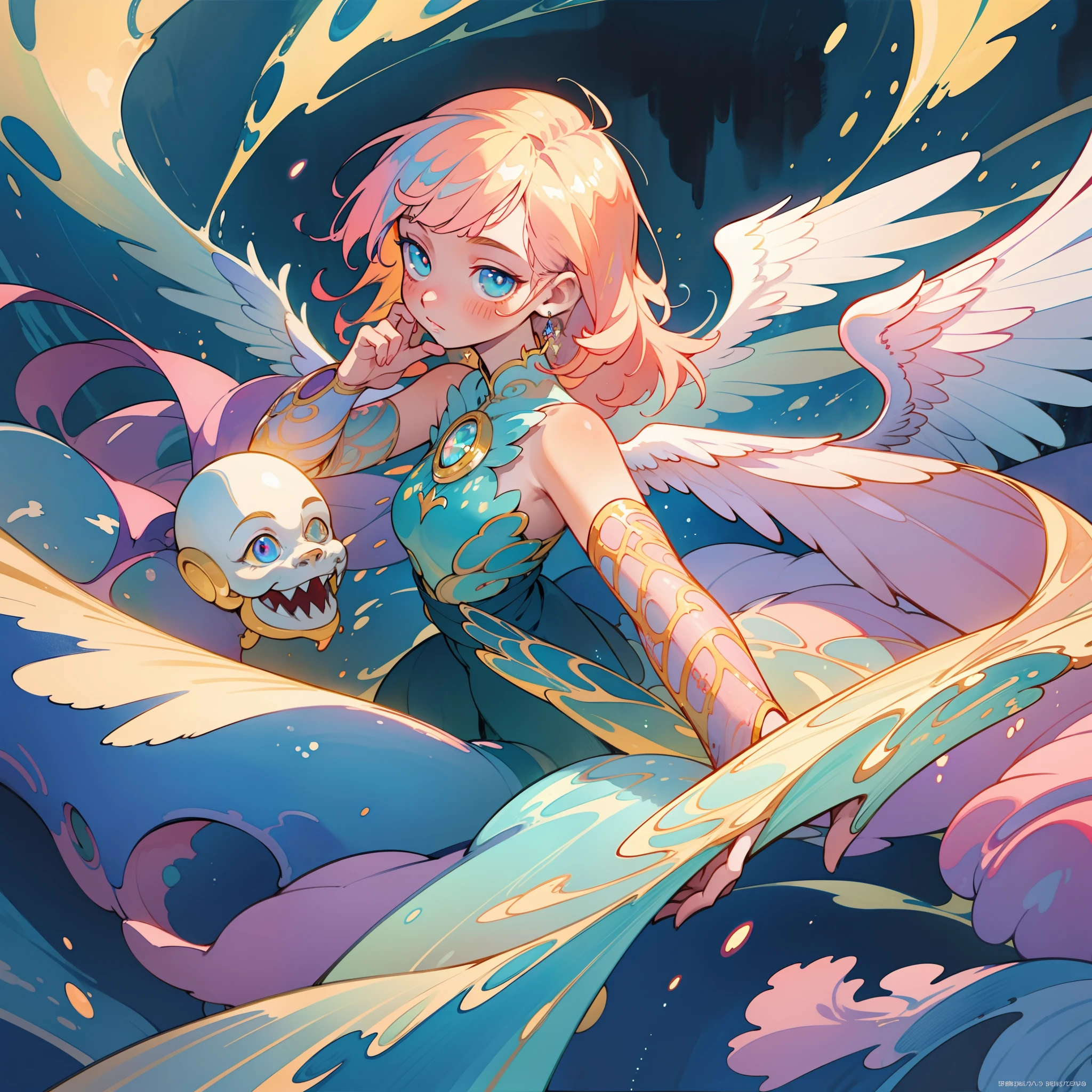 masterpiece, best quality, sharp focus, 8k, intricately detailed environment, anime, watercolor illustration, colorful, bright colors, whimsical, glowing lights, liquid otherworldly, fairy lights, beautiful girl in flowing liquid glowing dress, perfect face, golden ratio, sparkling eyes, watercolor, liquid light, angel wings