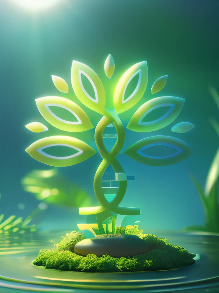 There is a green plant，It has DNA markers on it, 3 d render stylized, Stylized 3 D, depicted as a 3 d render, stylized as a 3d render, stylized 3d render, rendered in cinema 4 d, Rendered in Cinema4D, stylized vegetation, tree of life seed of doubt, Tree of Life, 3 D 插图