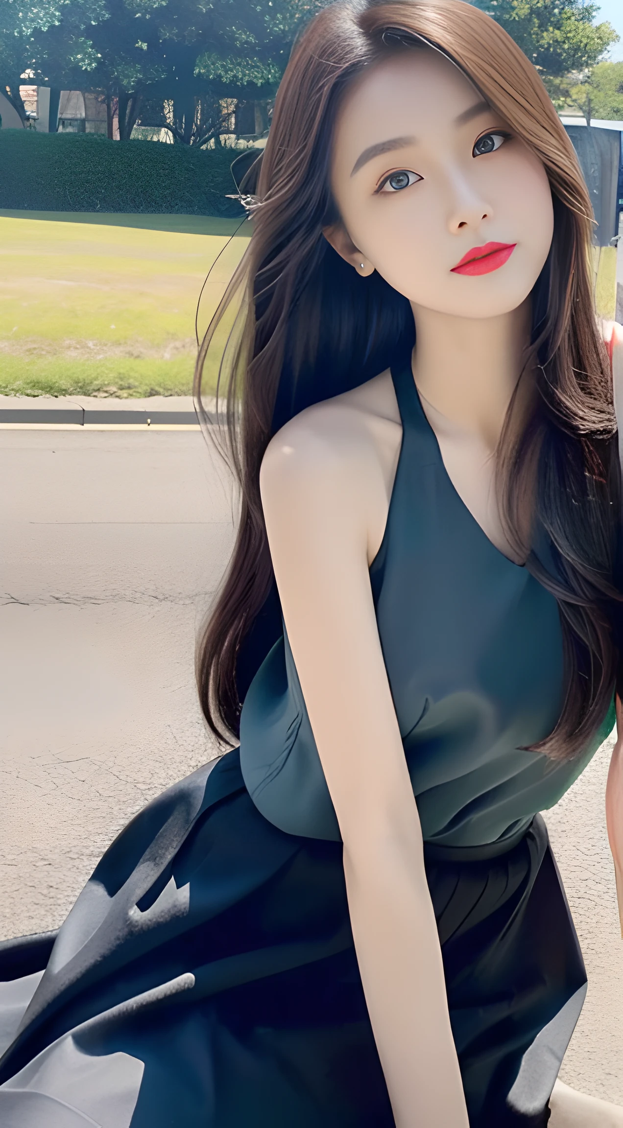 ((best qualtiy, 8K, tmasterpiece:1.3)), A pretty maiden,Pure,skinny and thin,Melon seed face,gentle and cute,A sweet smile,Pure desire,Thin stature,(frontage),(Tilt your head),staring right into camera,uniform, Obi, formal,Black silky long, Straight hair,Long hair flowing over the shoulders,round black big eyes,Clear big eyes,Hydrated red lips,Sweet,Sit by the road,with blue sky and white clouds,grassy fields,Buildings,(Chiffon skirt,Chiffon tops)telephoto shot,