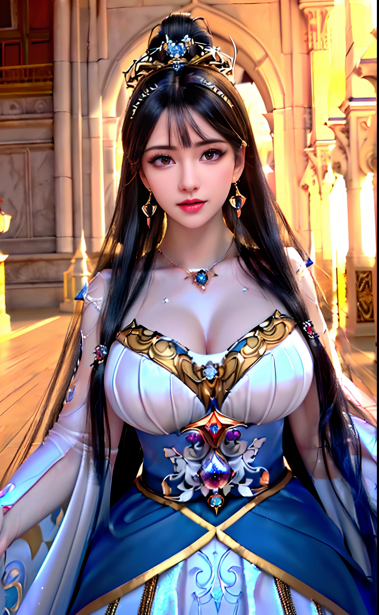 ((realisticity: 1.2)), ((realistic: 8K UHD)), ((best resolution: 8K UHD)), hyper detailed, best quality,masterpiece,highres,cg,
((1 hyper detailed and hyper realistic girl)), ((very beautiful queen dazzling, hyper realistic, and hyper detailed)),((white skin, beautiful, smooth, youthful, hyper realistic and hyper detailed
)), ((Hyper beautiful face, white, hyper realistic and hyper detailed)), long hair, ((hyper realistic and hyper detailed dress)), solo, ((hyper realistic, hyper beautiful, gorgeous and hyper detailed jewelry)), ((hyper beautiful, hyper realistic and hyper detailed dark red and golden yellow dress)),
((Hyper beautiful, hyper realistic, hyper detailed diamond filled earrings)),
((Hyper beautiful, hyper realistic and hyper detailed diamond filled hair ornament)), ((hyper beautiful upper body, hyper beautiful, hyper
realistic and hyper detailed)), ((big breasts: 2.5)),
((Hyper grand, hyper realistic and hyper detailed royal palace backgroun))
((Hyper beautiful, hyper beautiful, hyper realistic and hyper detailed hair bun)), ((hyper beautiful, hyper realistic and hyper detailed blue hair)),
candid, Photograph, high resolution, 8k,Bokeh,